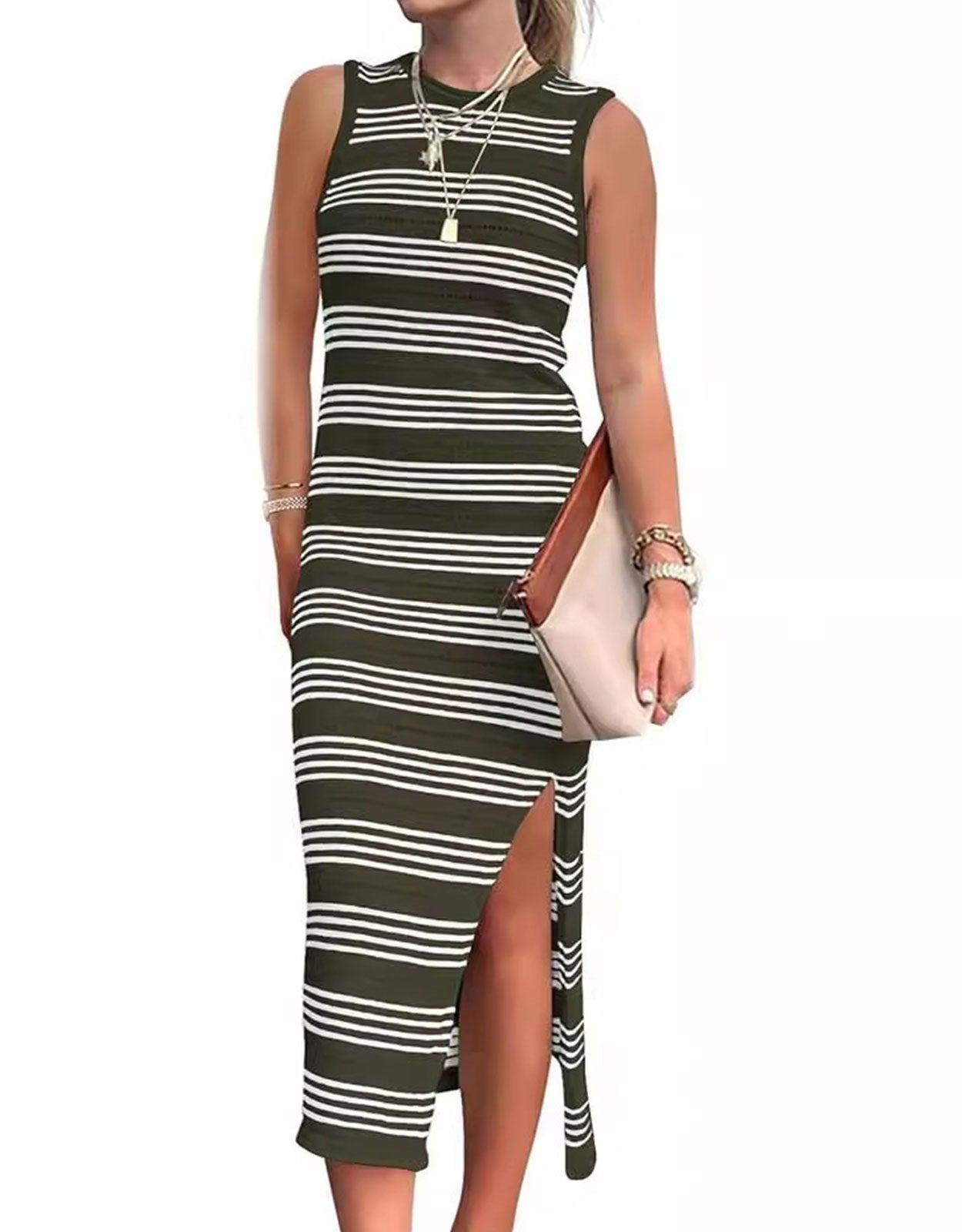 Striped sleeveless round neck long dress