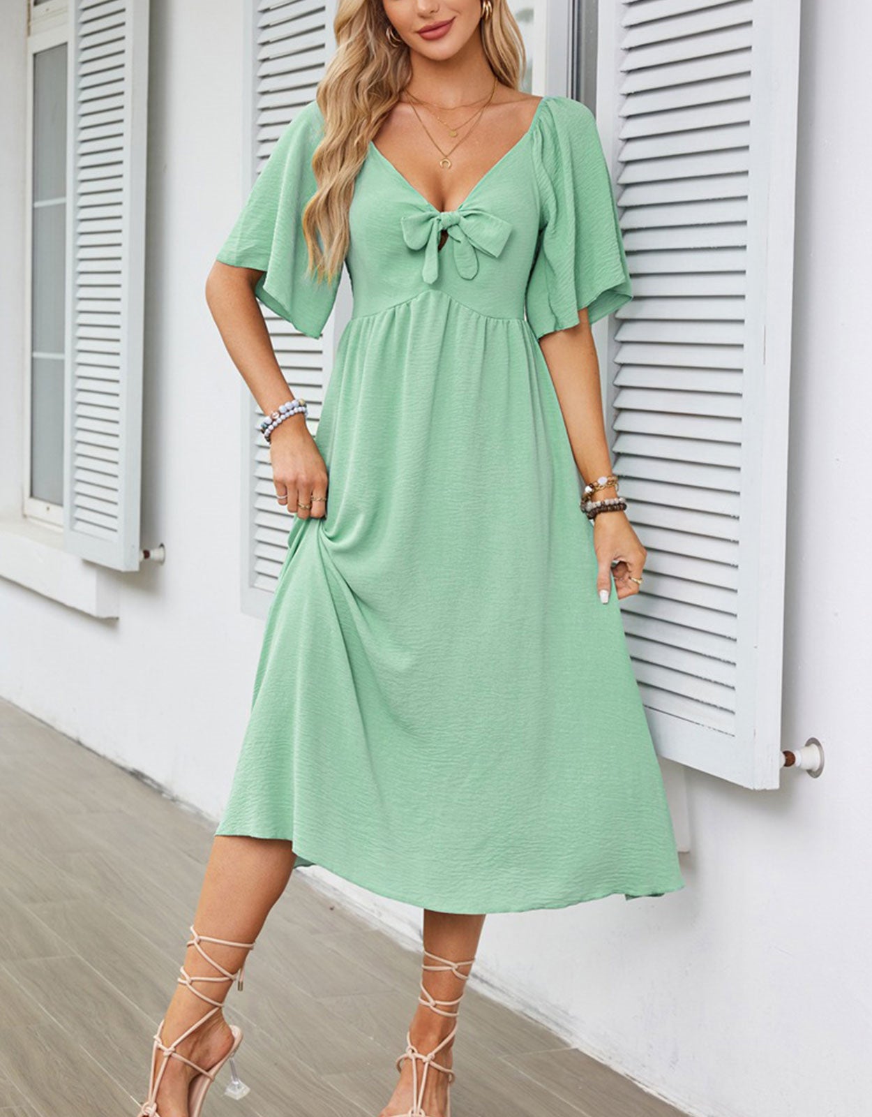 V Neck Ruffle Sleeve Elegant Bow Tie Long Dress