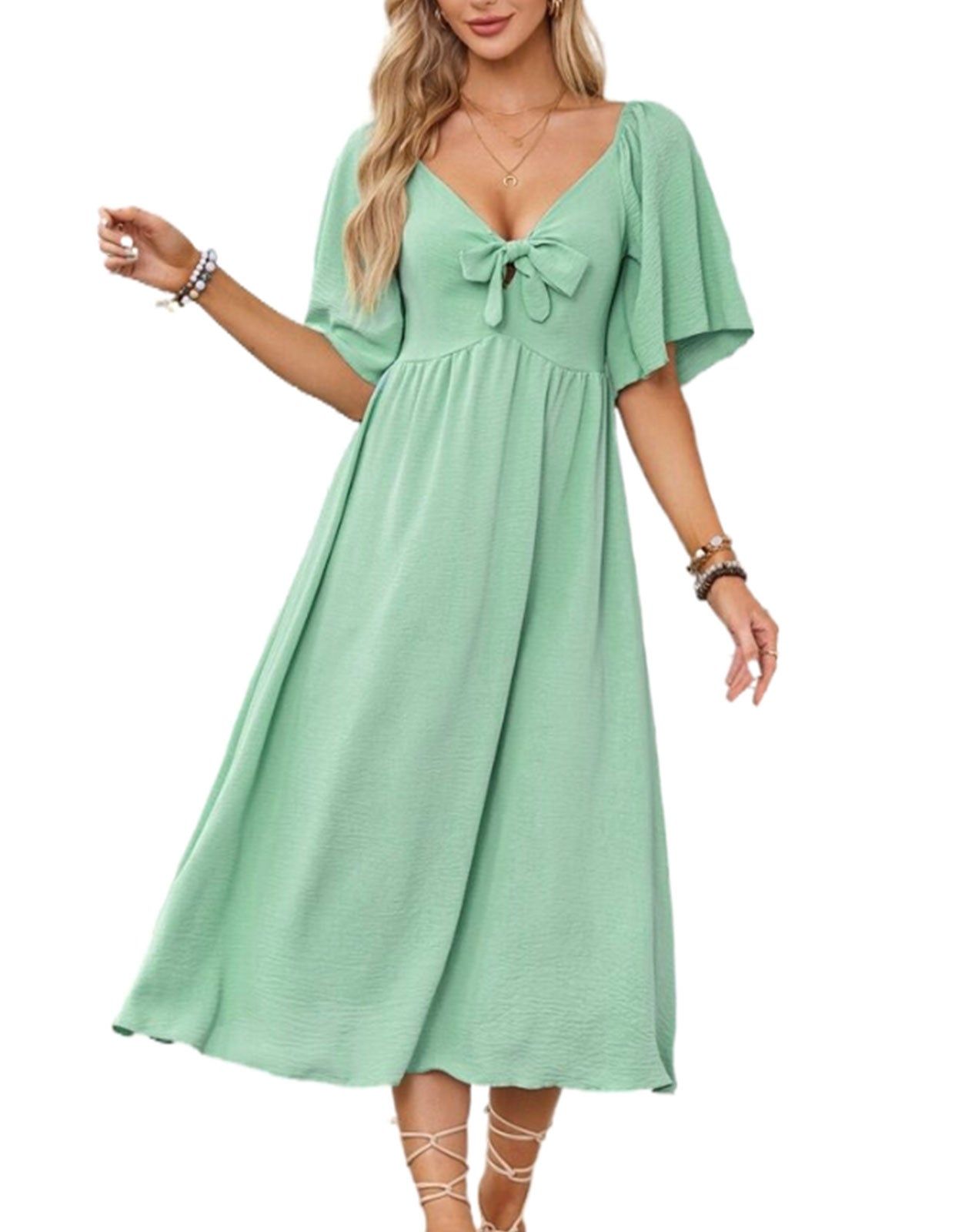 V Neck Ruffle Sleeve Elegant Bow Tie Long Dress