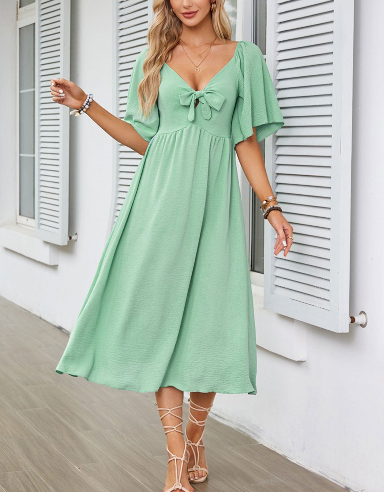 V Neck Ruffle Sleeve Elegant Bow Tie Long Dress