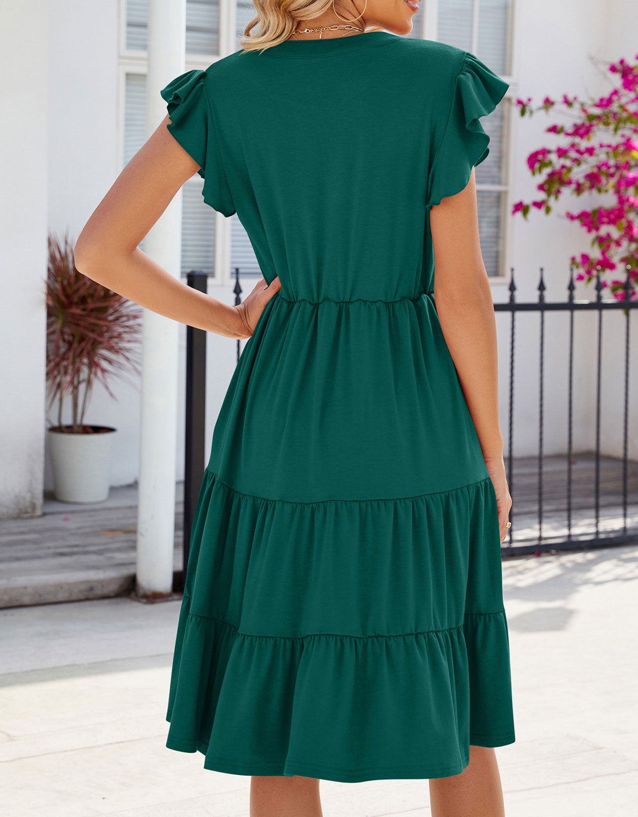 V Neck Ruffled Sleeve Midi Dresses
