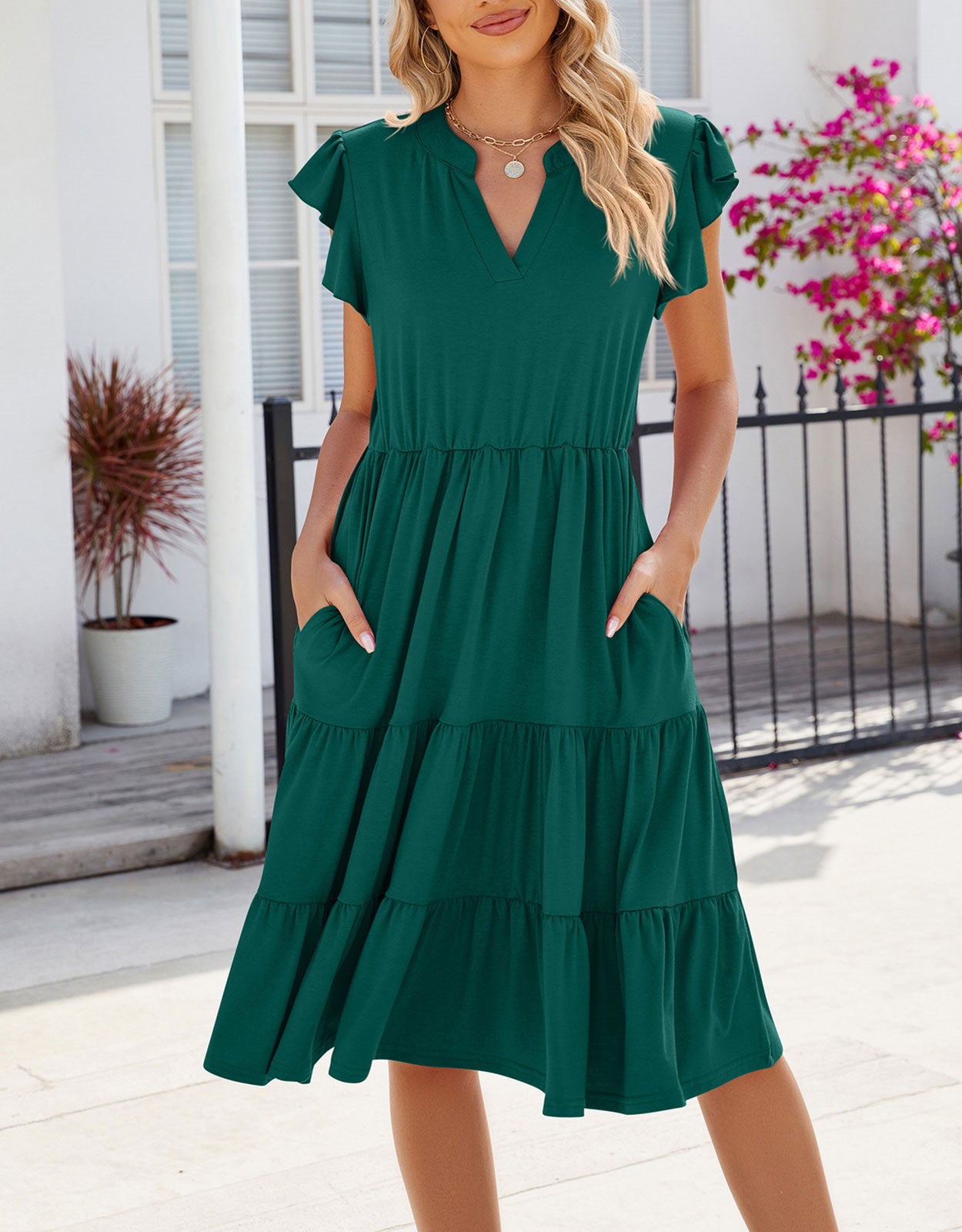 V Neck Ruffled Sleeve Midi Dresses