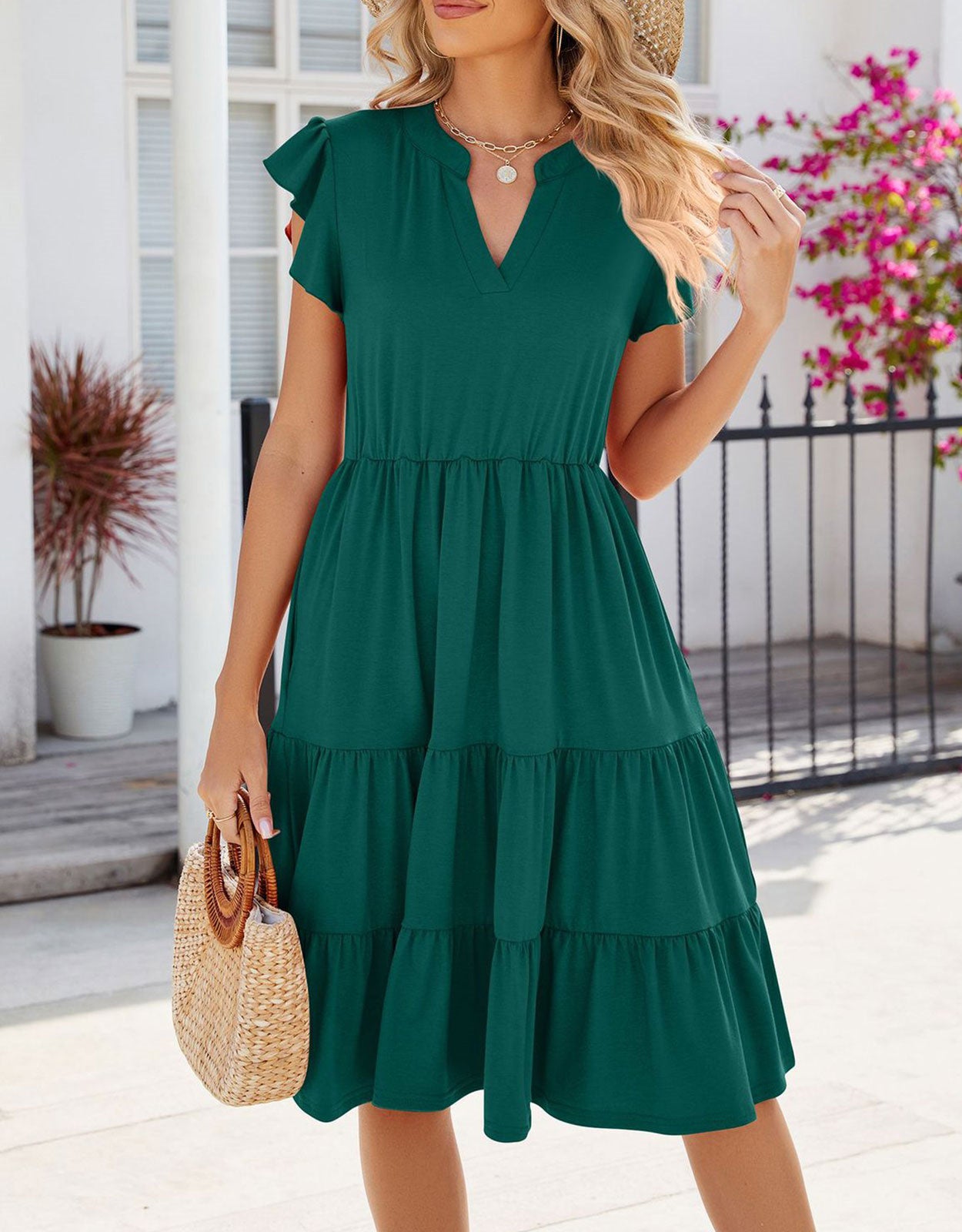V Neck Ruffled Sleeve Midi Dresses