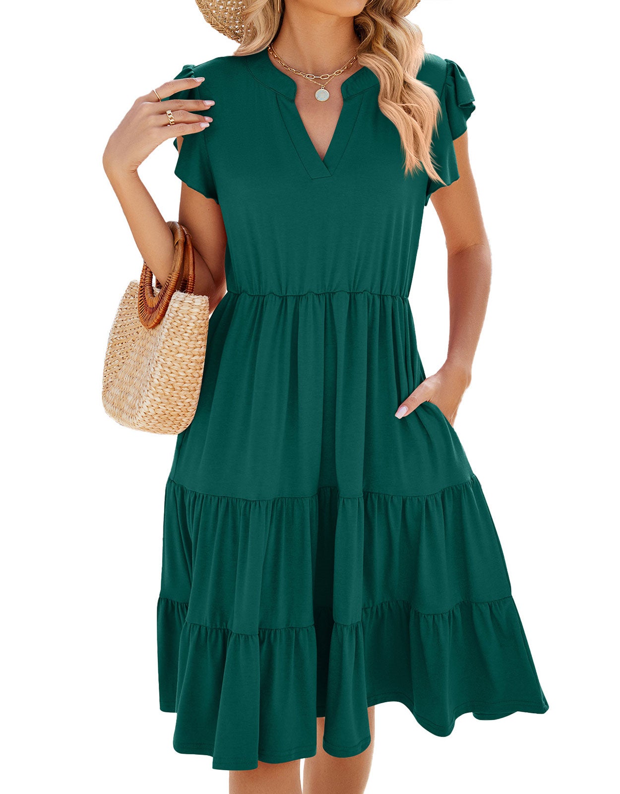 V Neck Ruffled Sleeve Midi Dresses