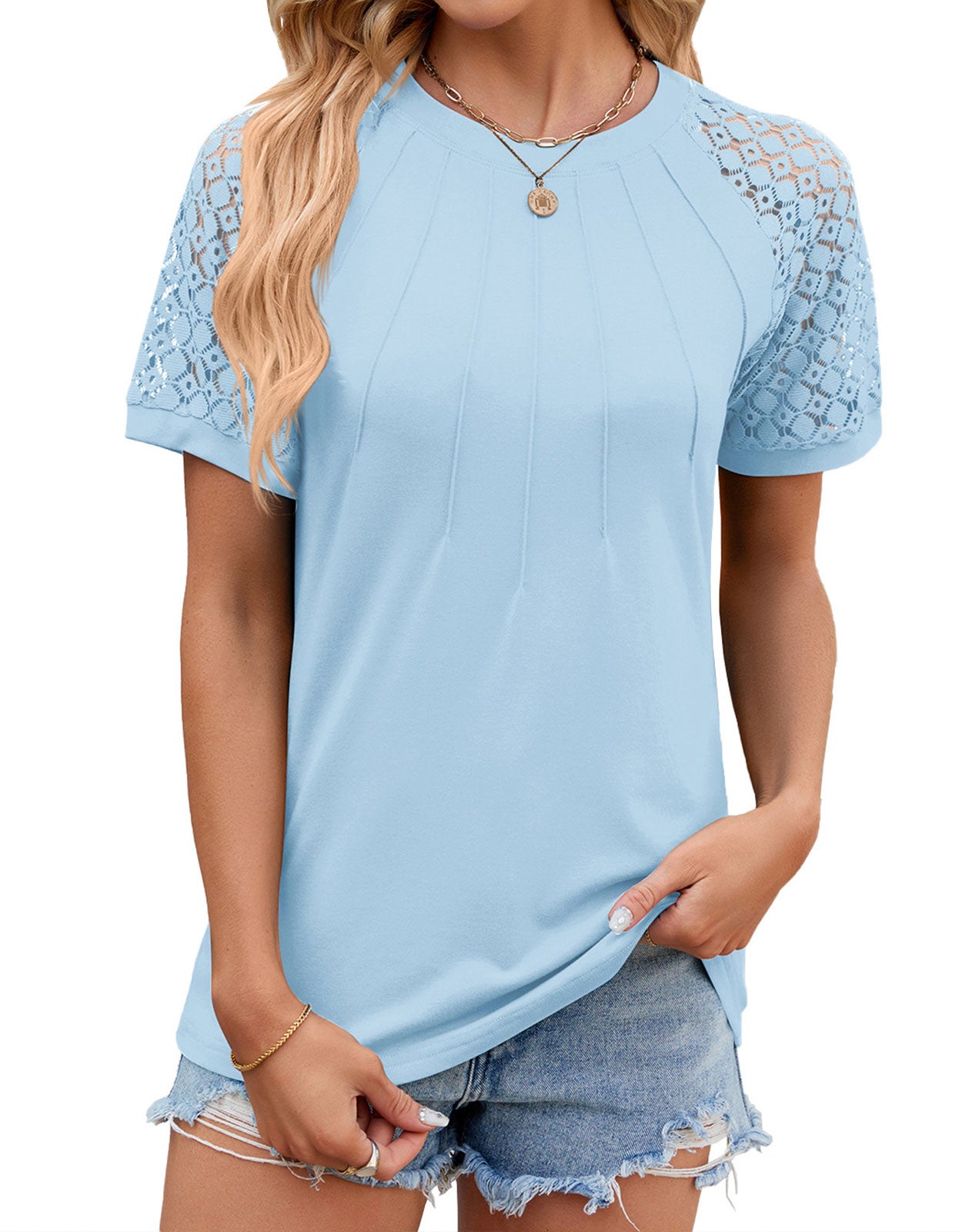 Summer short-sleeved hollow print round neck pleated top