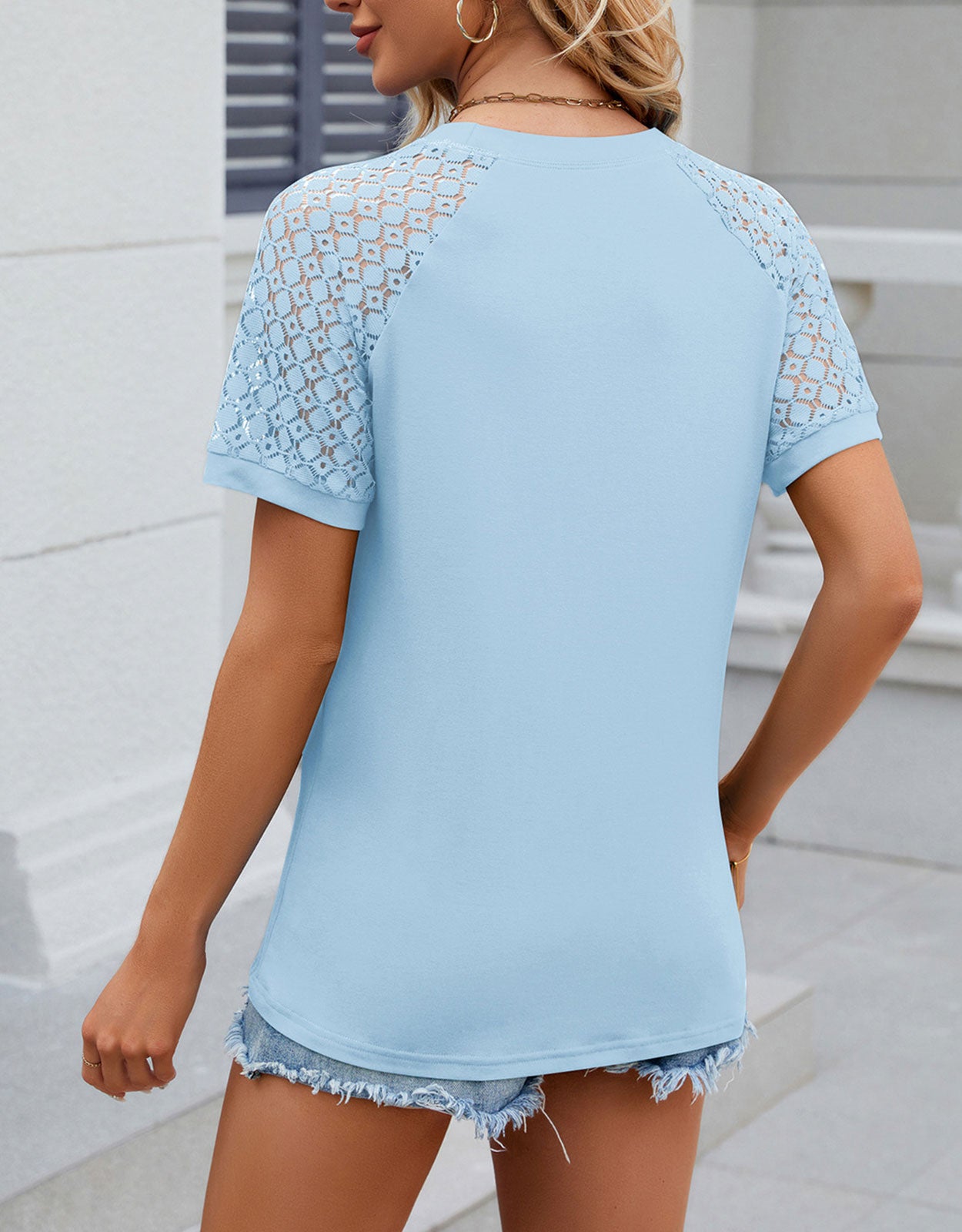 Summer short-sleeved hollow print round neck pleated top