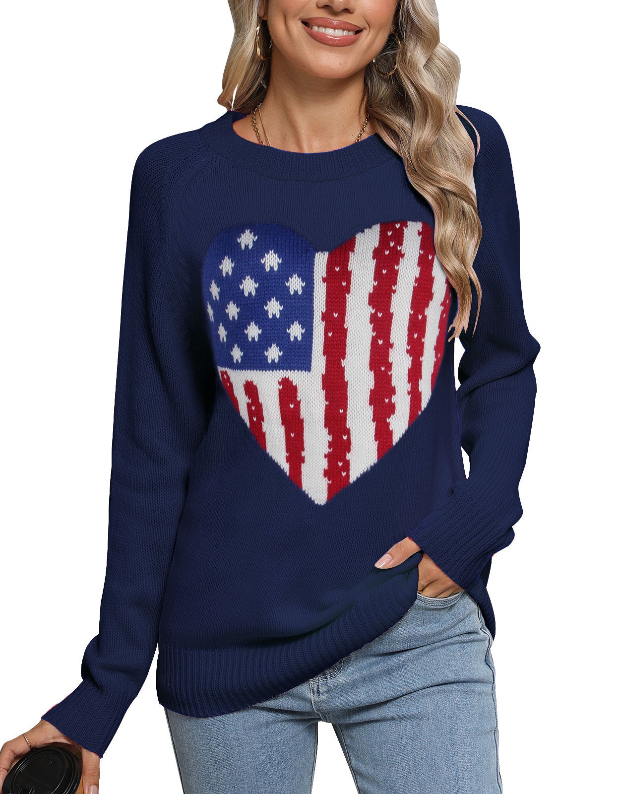 American Flag Love Loose Long Sleeve Round Neck Sweater