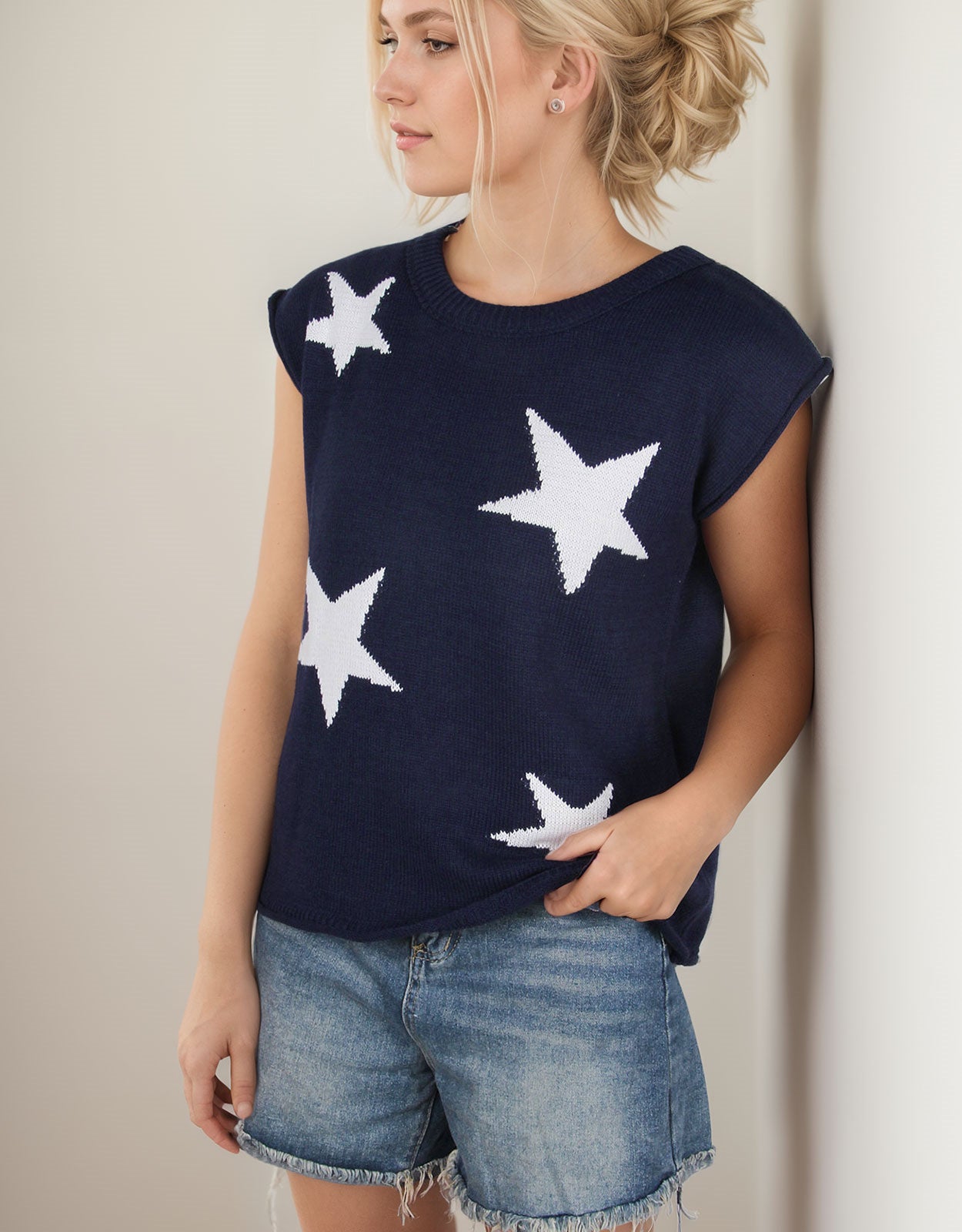 American Flag Star Loose Short Sleeve Round Neck Sweater