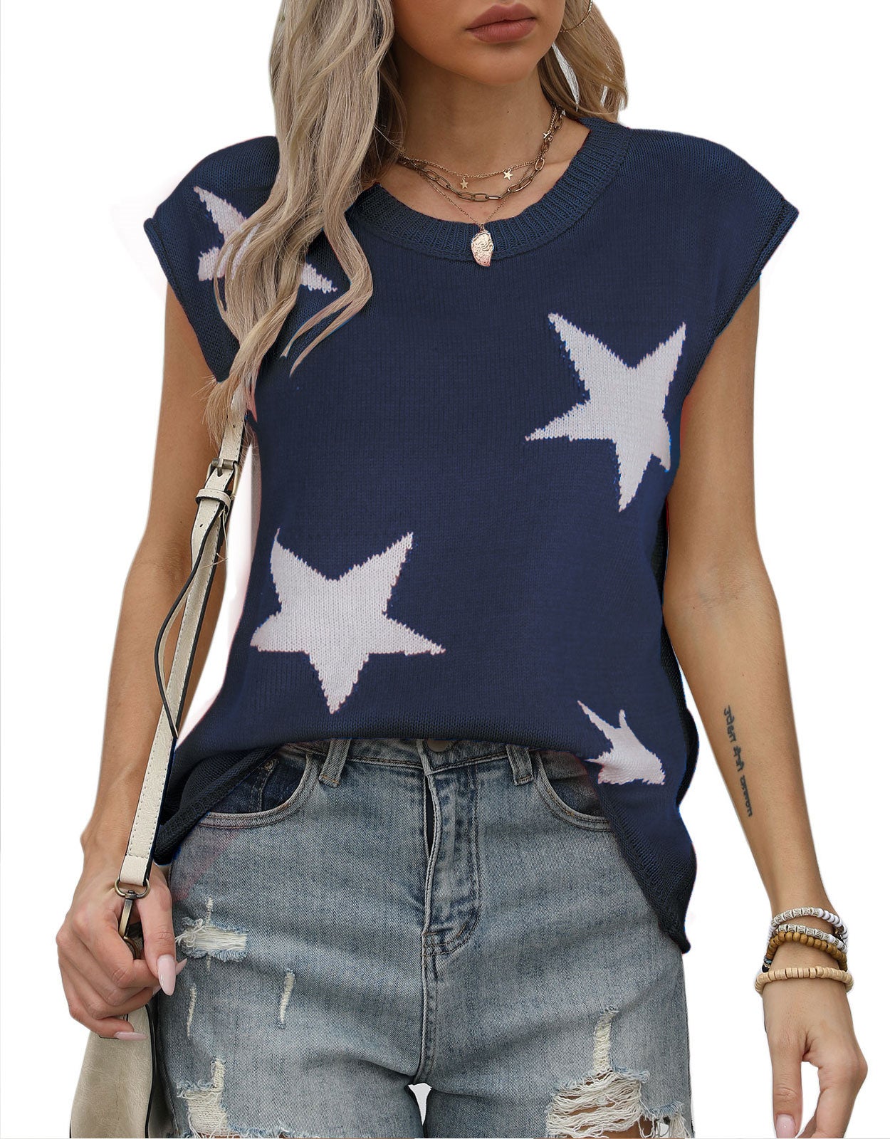 American Flag Star Loose Short Sleeve Round Neck Sweater