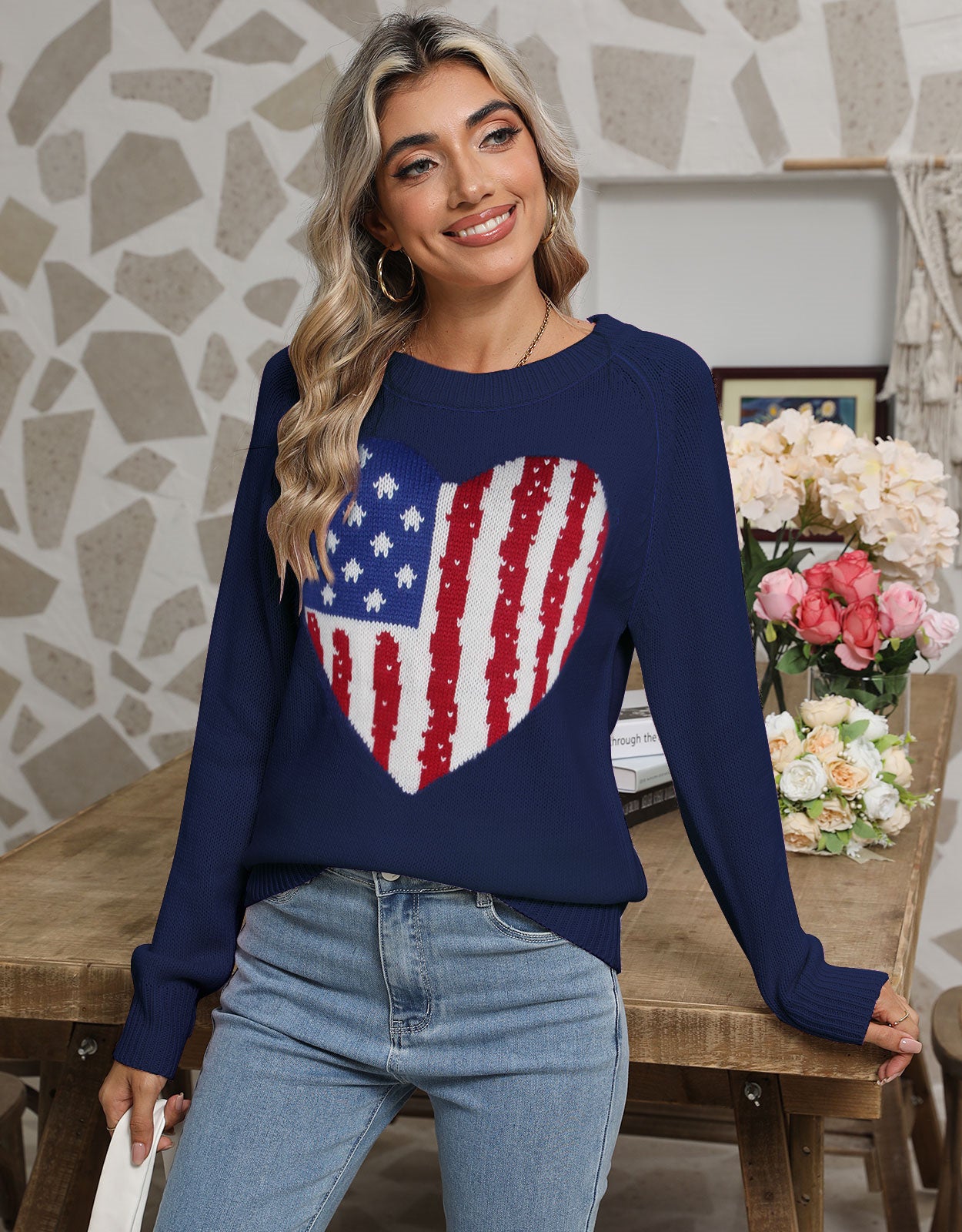American Flag Love Loose Long Sleeve Round Neck Sweater