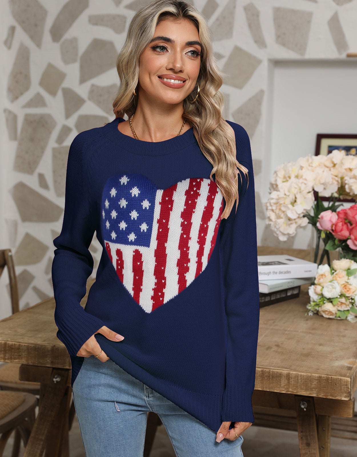 American Flag Love Loose Long Sleeve Round Neck Sweater