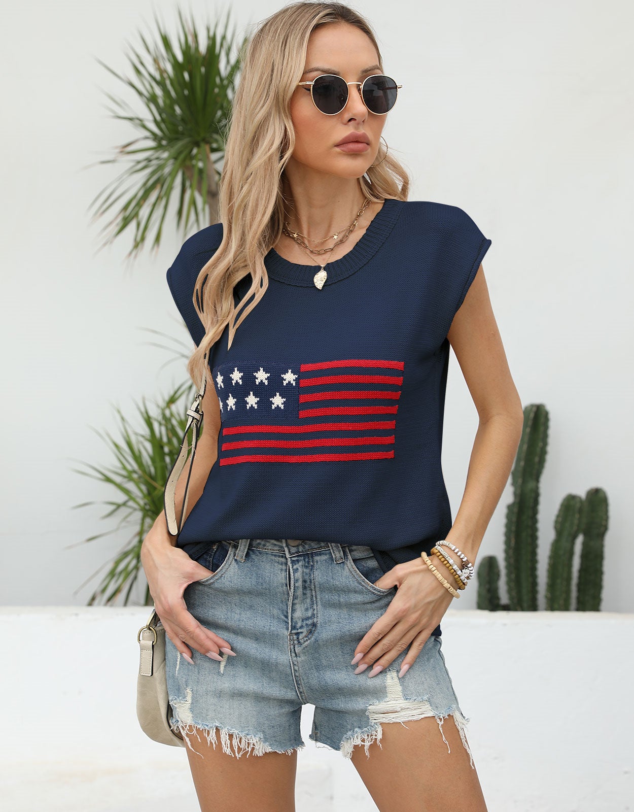American Flag Loose Short Sleeve Round Neck Sweater