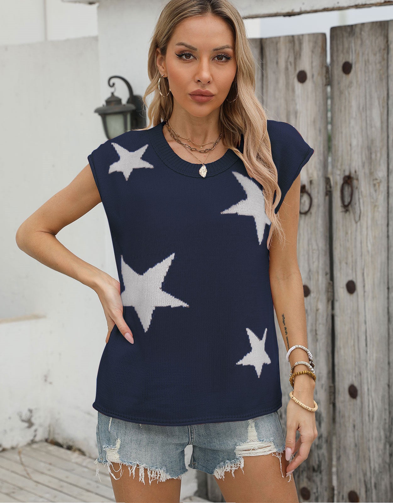 American Flag Star Loose Short Sleeve Round Neck Sweater