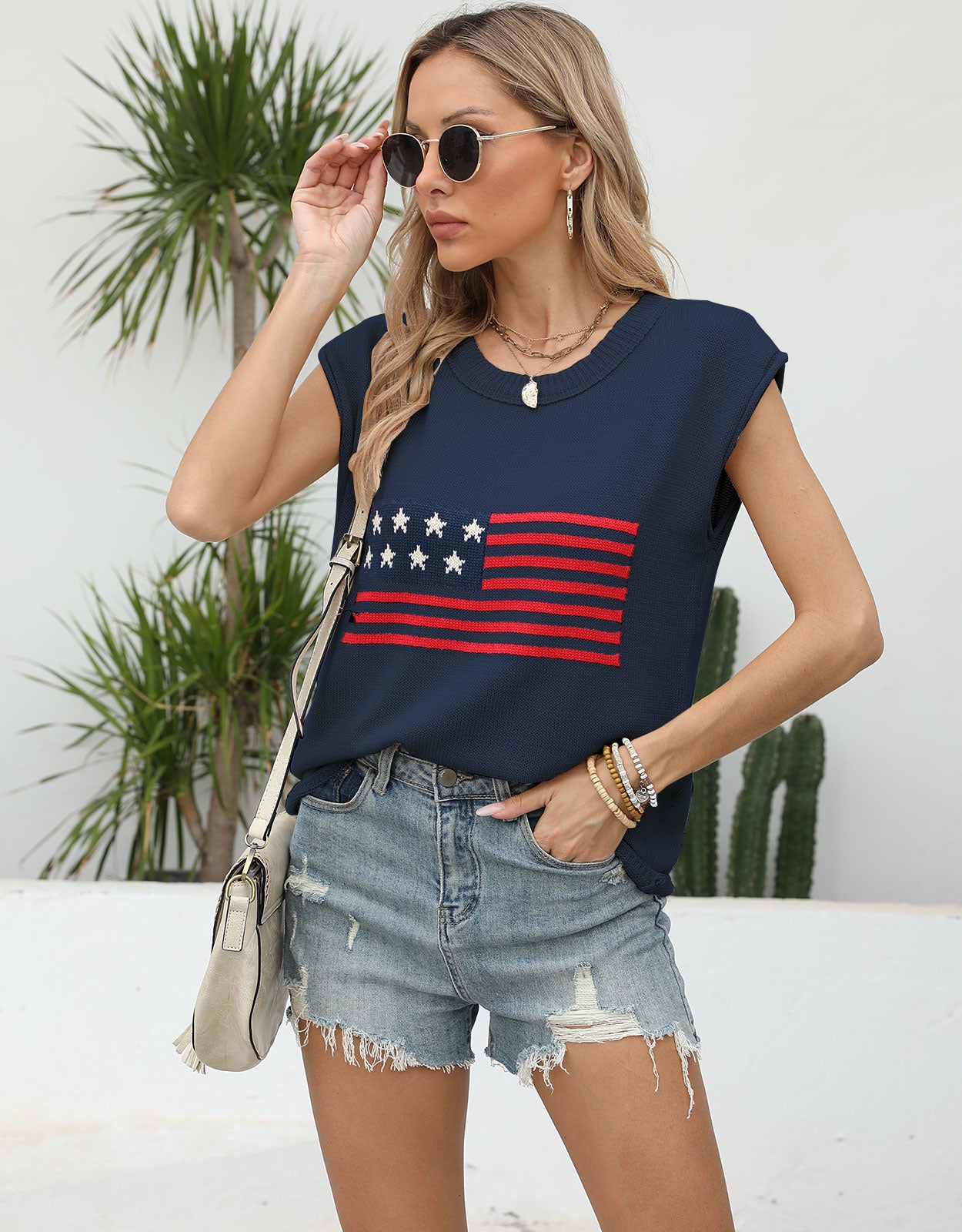 American Flag Loose Short Sleeve Round Neck Sweater