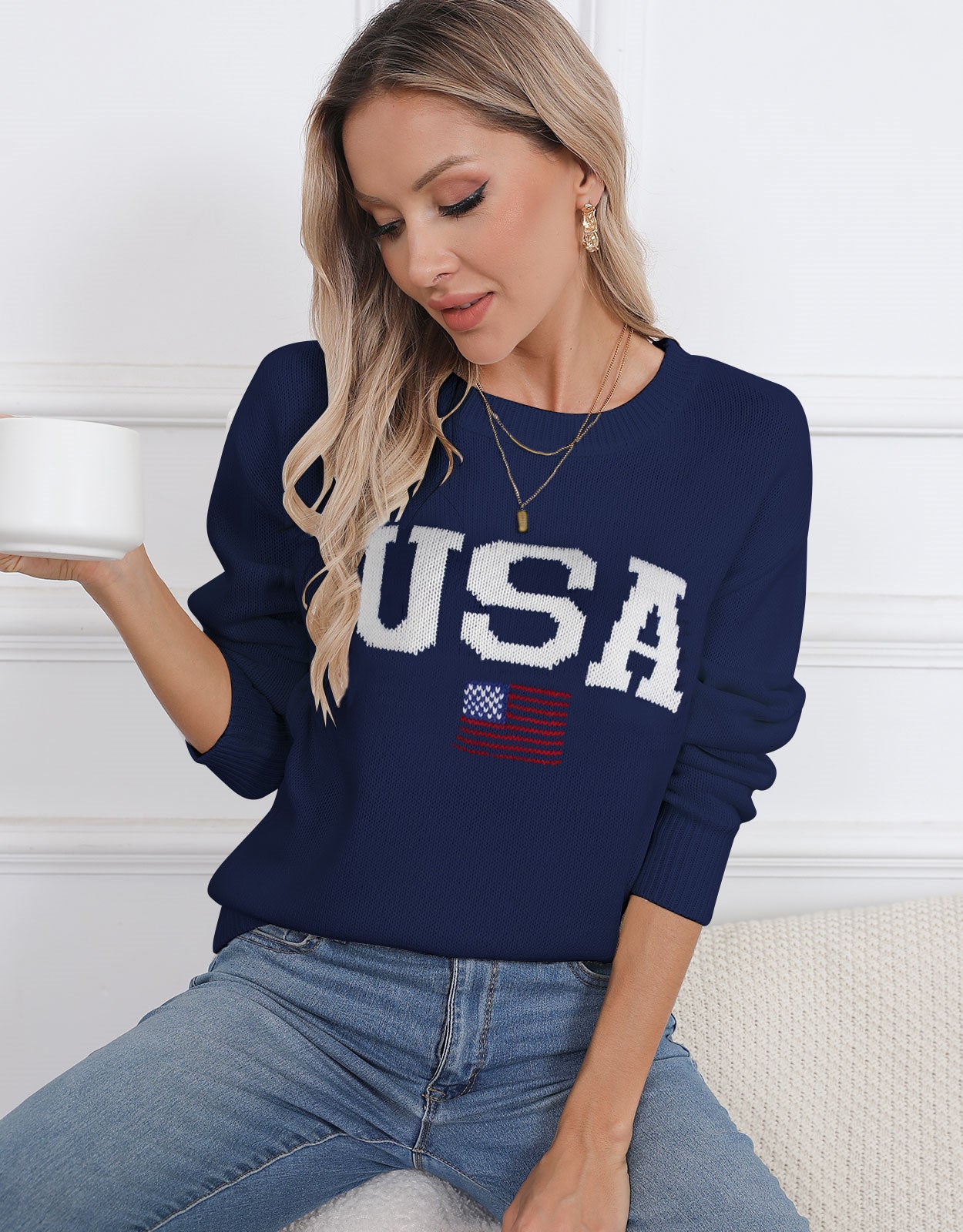 USA Flag Loose Long Sleeve Crewneck Sweater
