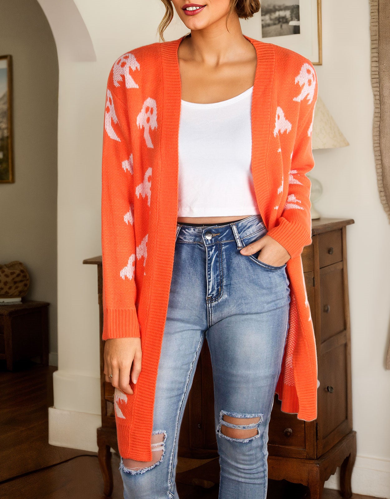 Halloween Long Sleeve Cardigan Ghost Sweater