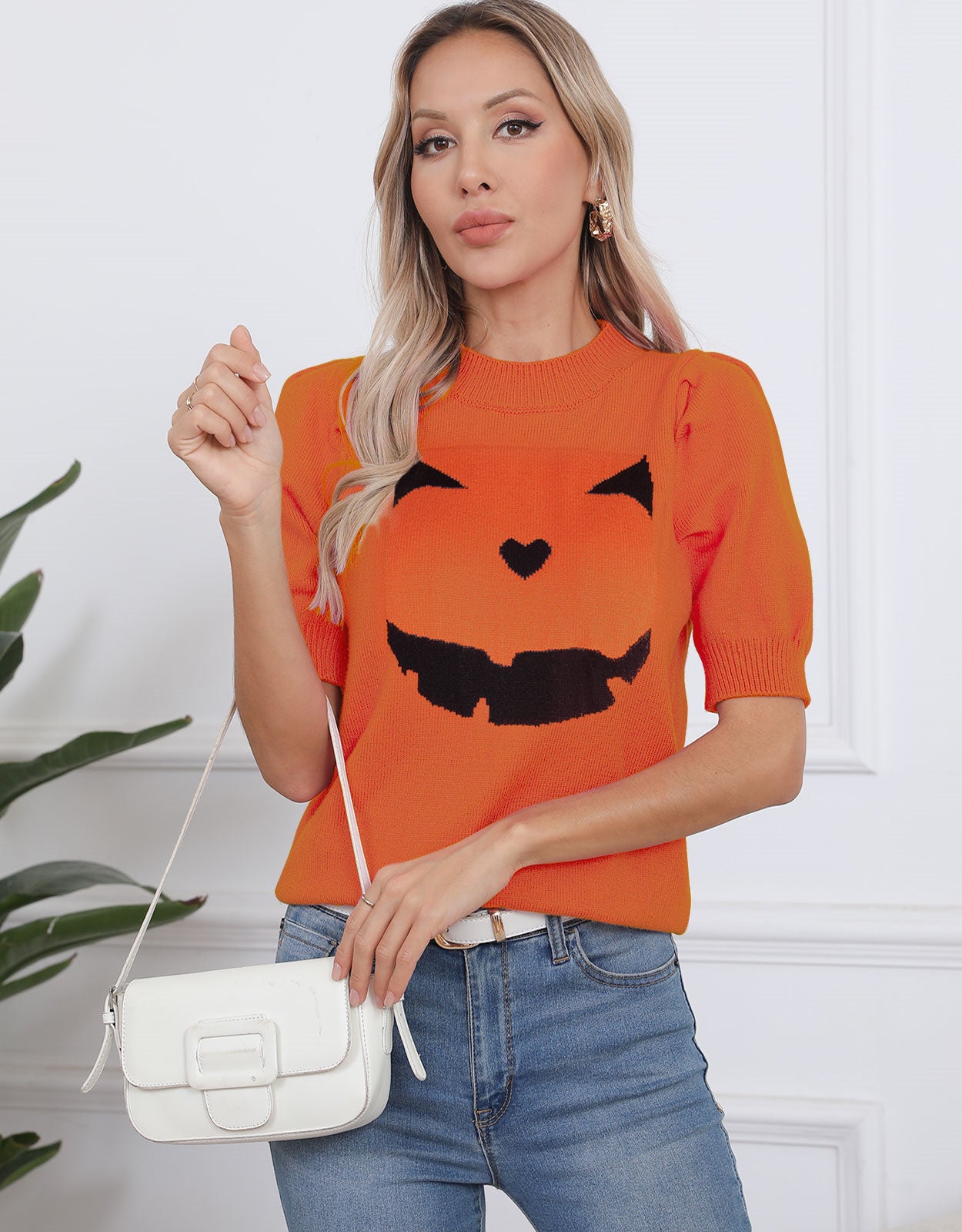 Halloween Pumpkin Smiley Short Sleeve Sweater