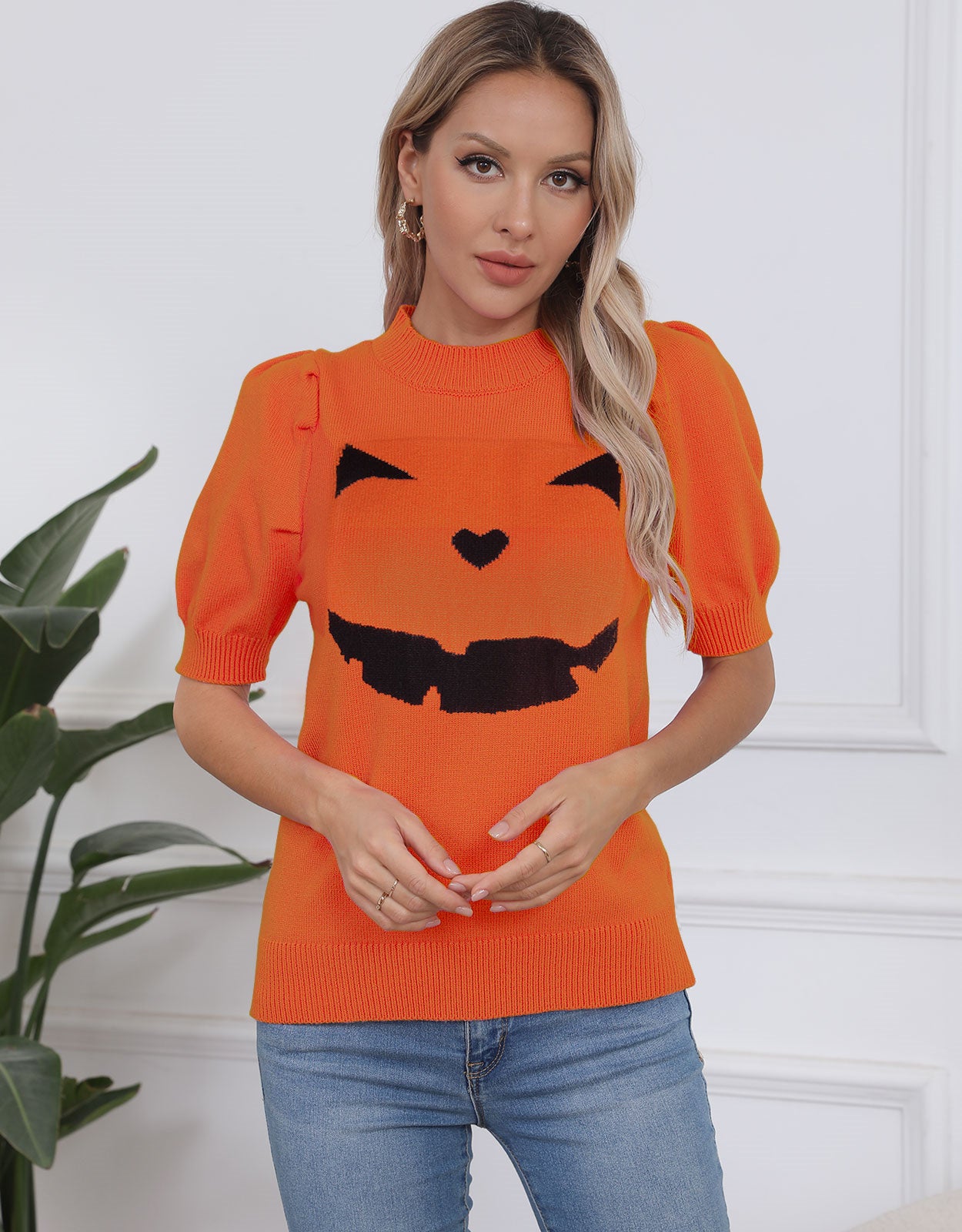 Halloween Pumpkin Smiley Short Sleeve Sweater