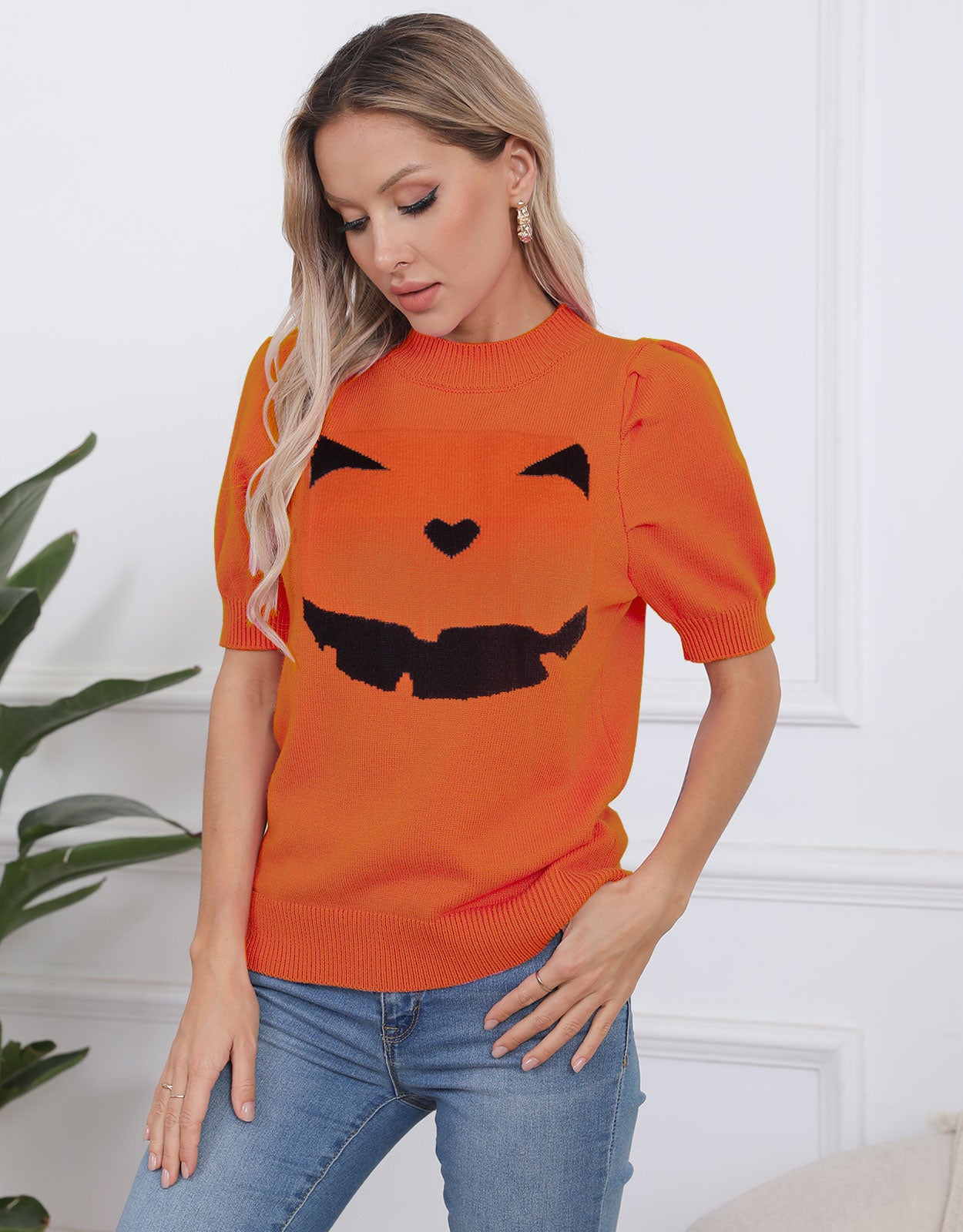 Halloween Pumpkin Smiley Short Sleeve Sweater
