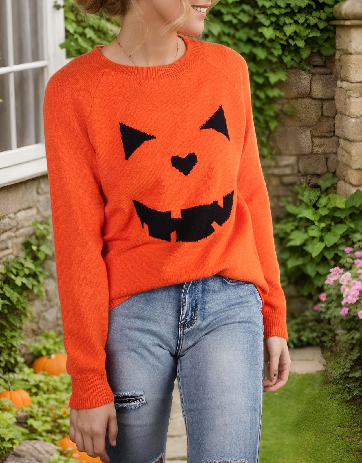 Halloween Round Neck Long Sleeve Evil Smiley Face Sweater
