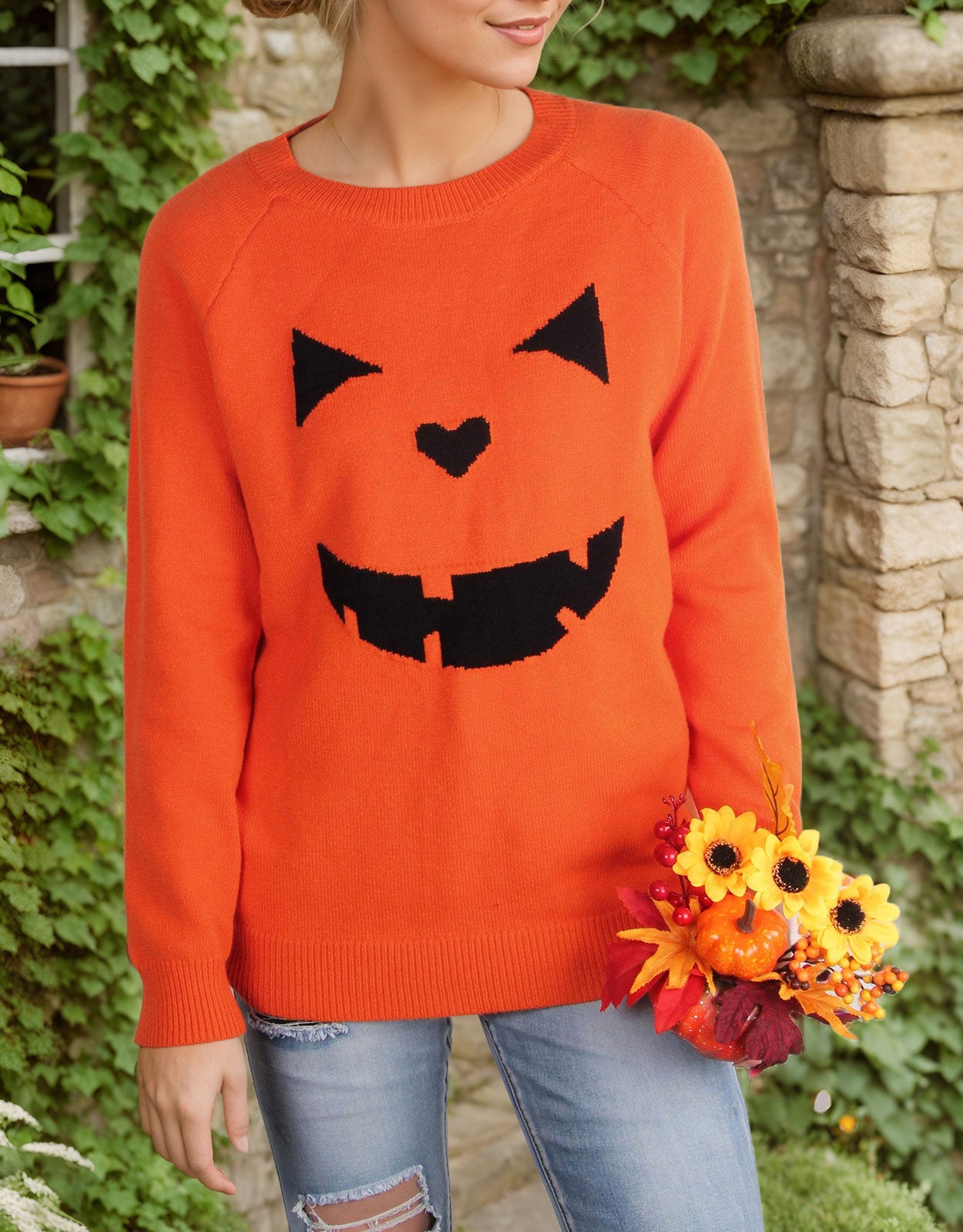 Halloween Round Neck Long Sleeve Evil Smiley Face Sweater