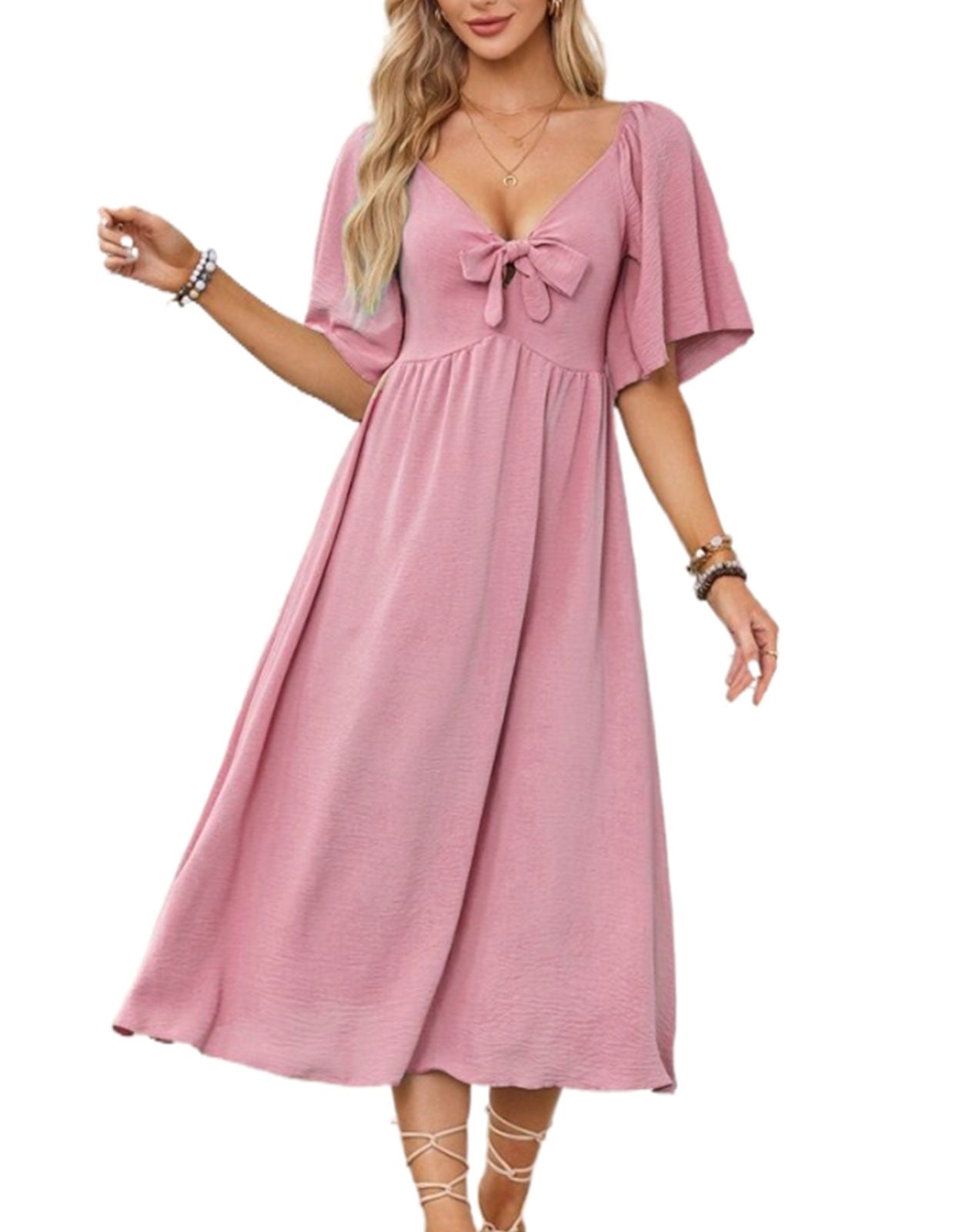 V Neck Ruffle Sleeve Elegant Bow Tie Long Dress