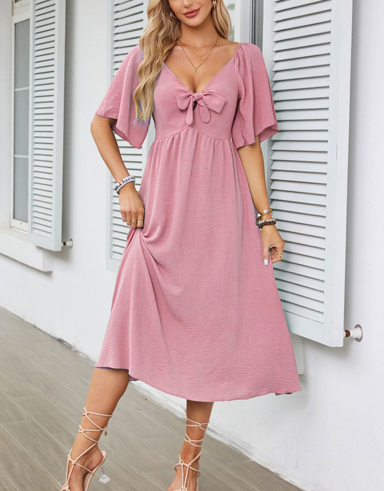 V Neck Ruffle Sleeve Elegant Bow Tie Long Dress