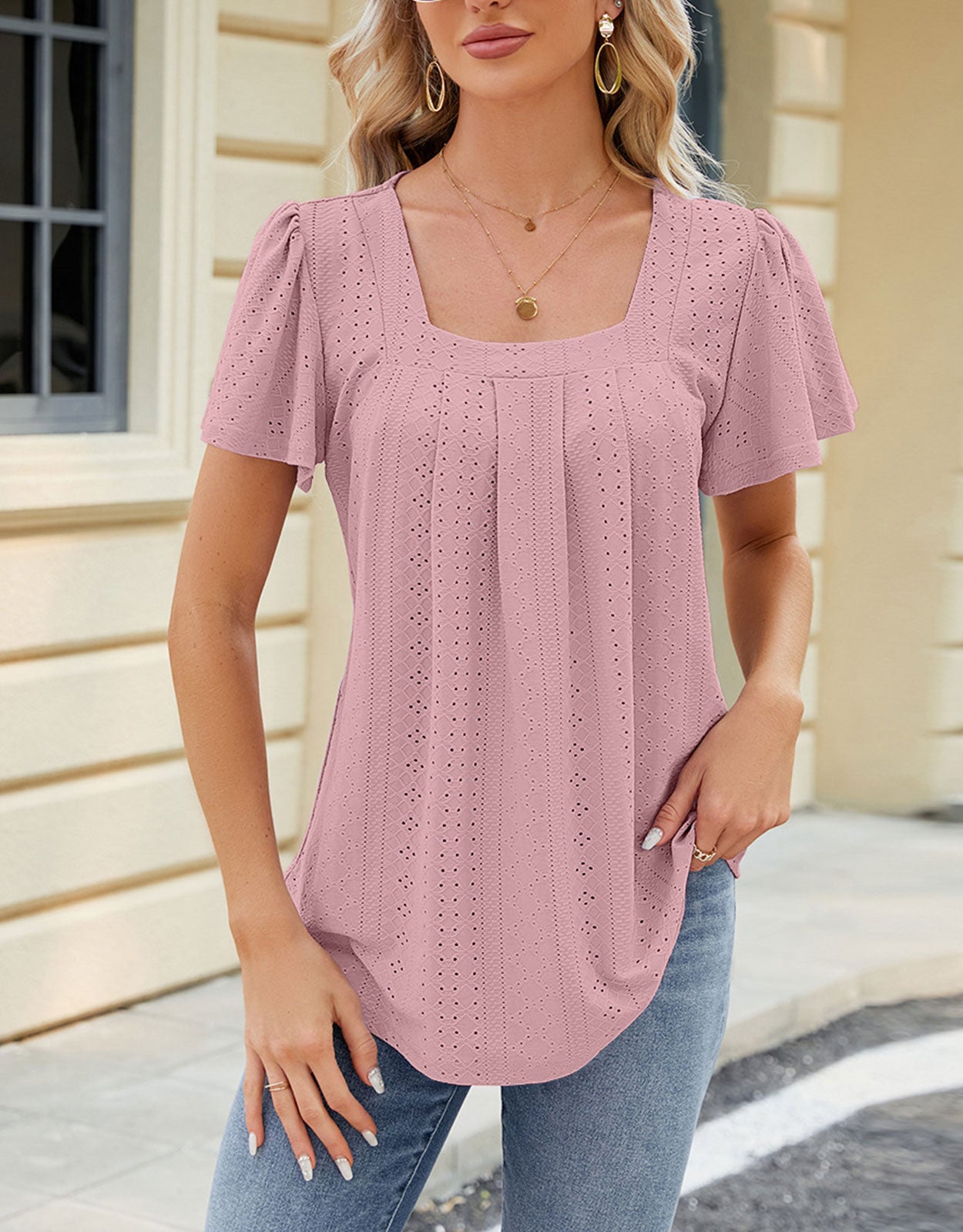 Summer hollow print ruffle round neck top