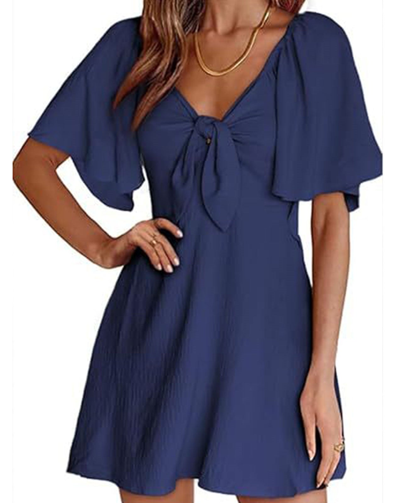 Summer Deep V Neck Ruffle Sleeve Elegant Bow Tie Mini Dress