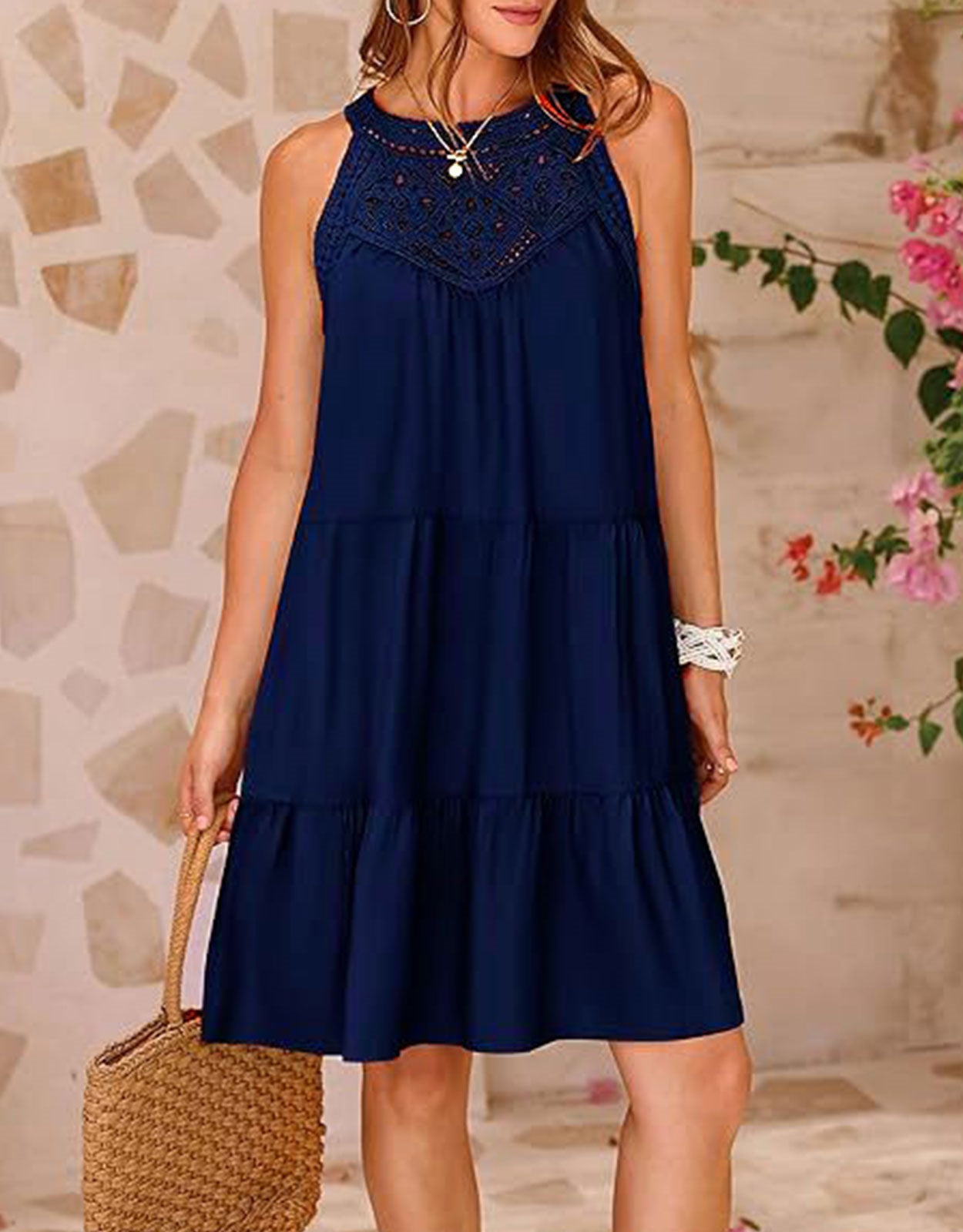 Short Sleeve Hollow Print Pleated Mini Dress