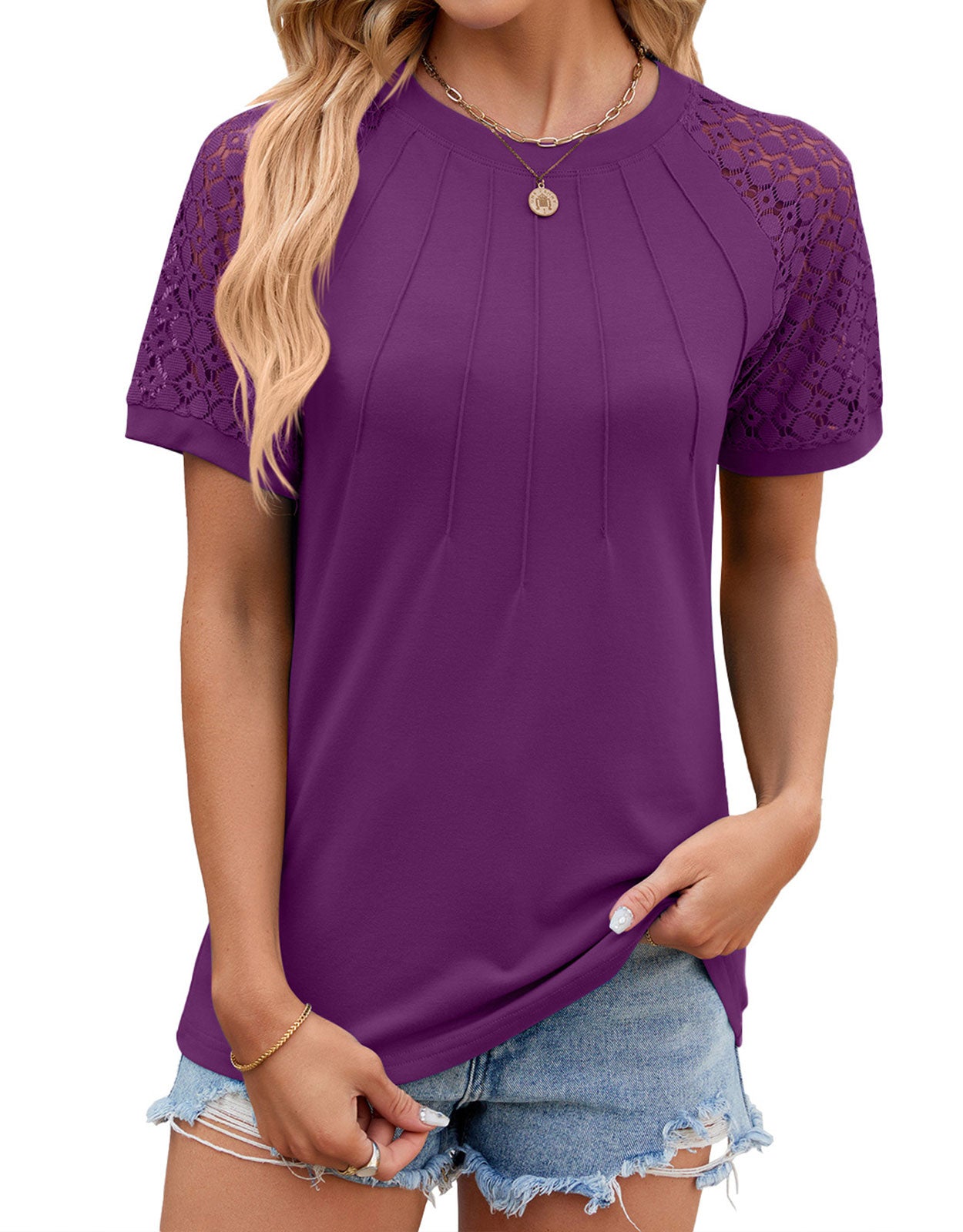 Summer short-sleeved hollow print round neck pleated top