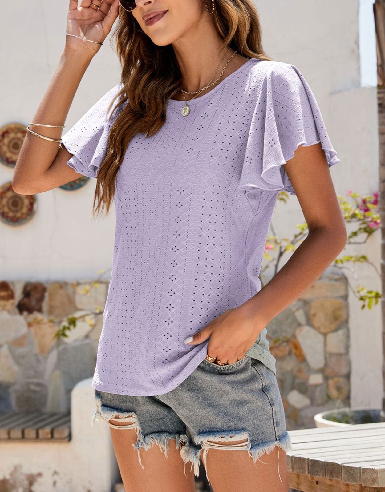 Summer hollow print ruffle round neck top
