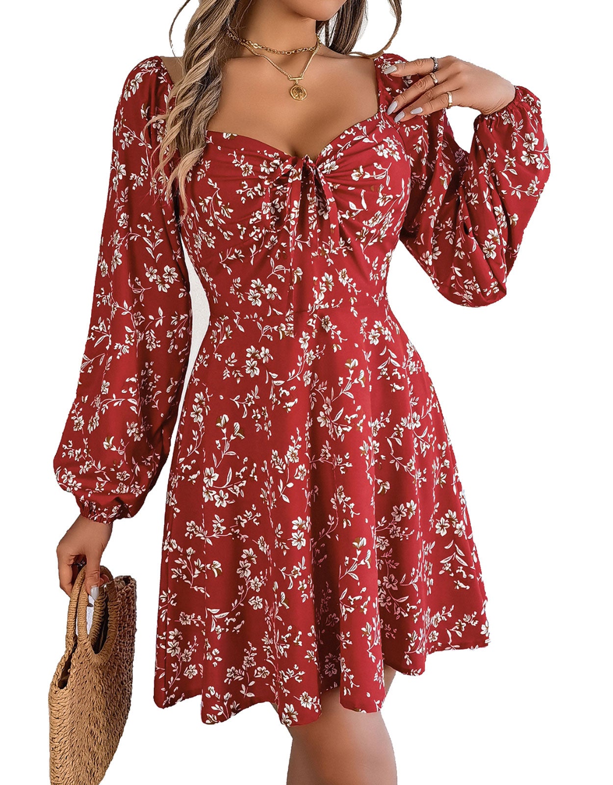 Long Sleeve Low Cut Sexy Bow Print Mini Dress