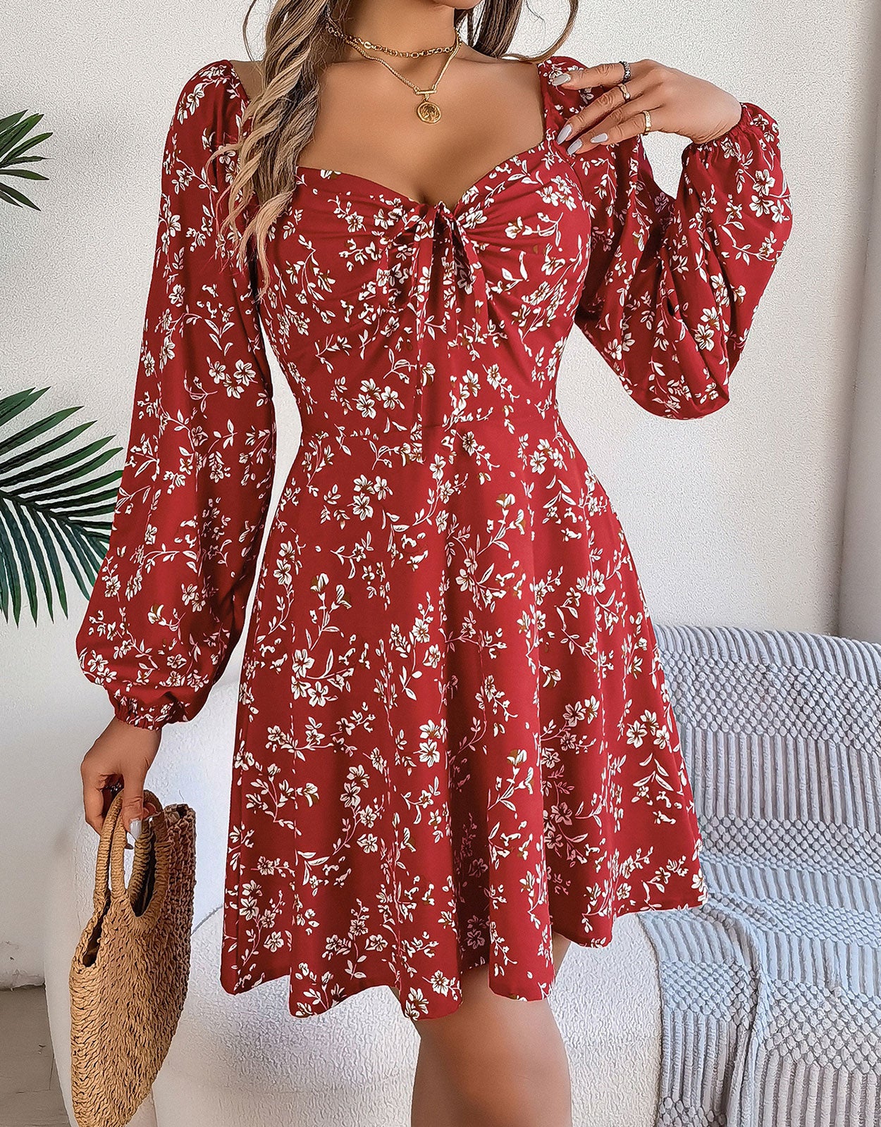 Long Sleeve Low Cut Sexy Bow Print Mini Dress