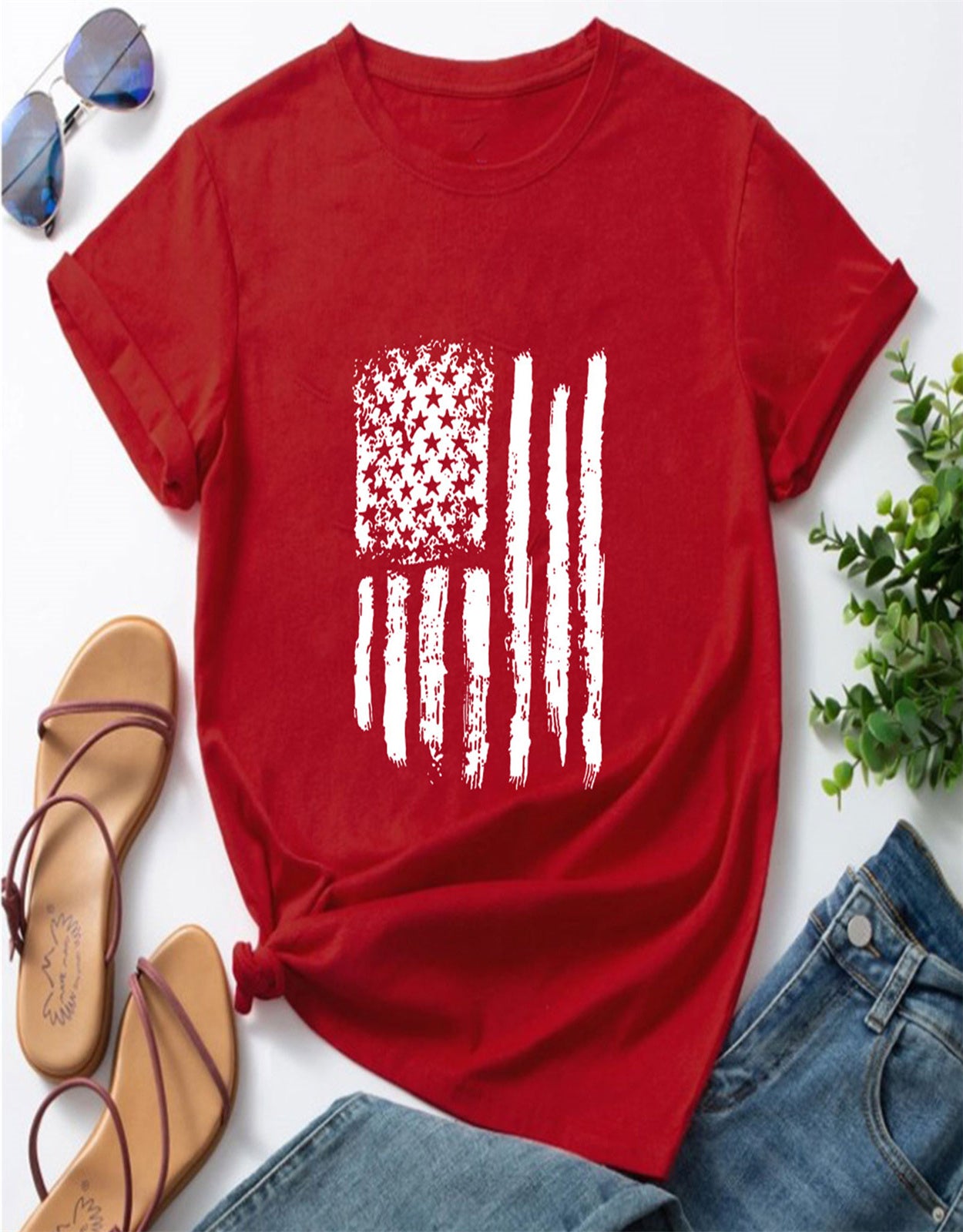 Summer American Flag Ink Printed T-shirt