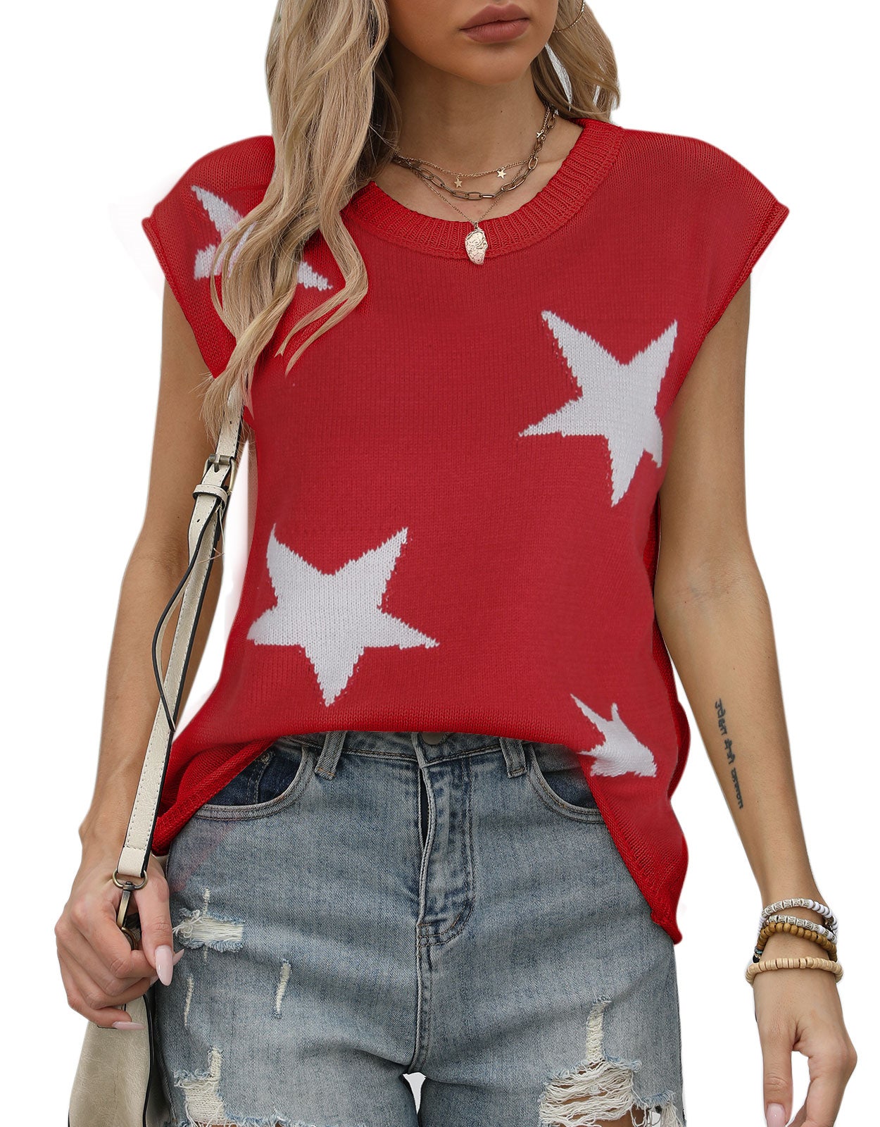 American Flag Star Loose Short Sleeve Round Neck Sweater