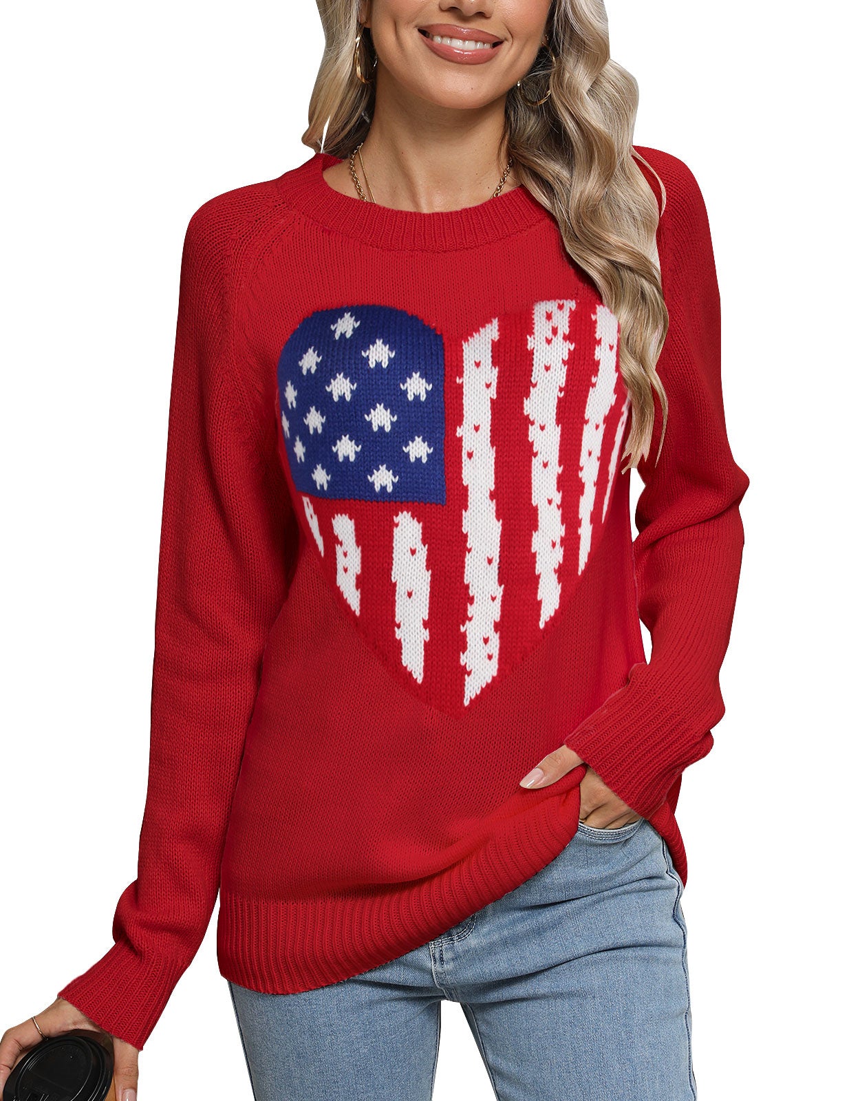 American Flag Love Loose Long Sleeve Round Neck Sweater