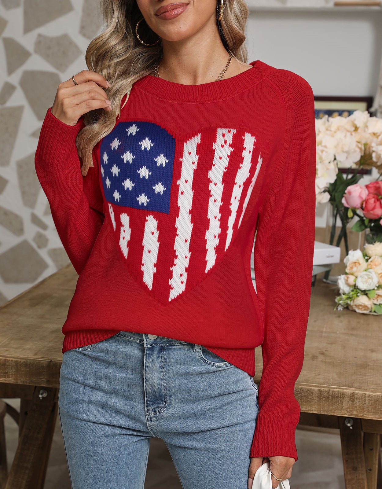 American Flag Love Loose Long Sleeve Round Neck Sweater