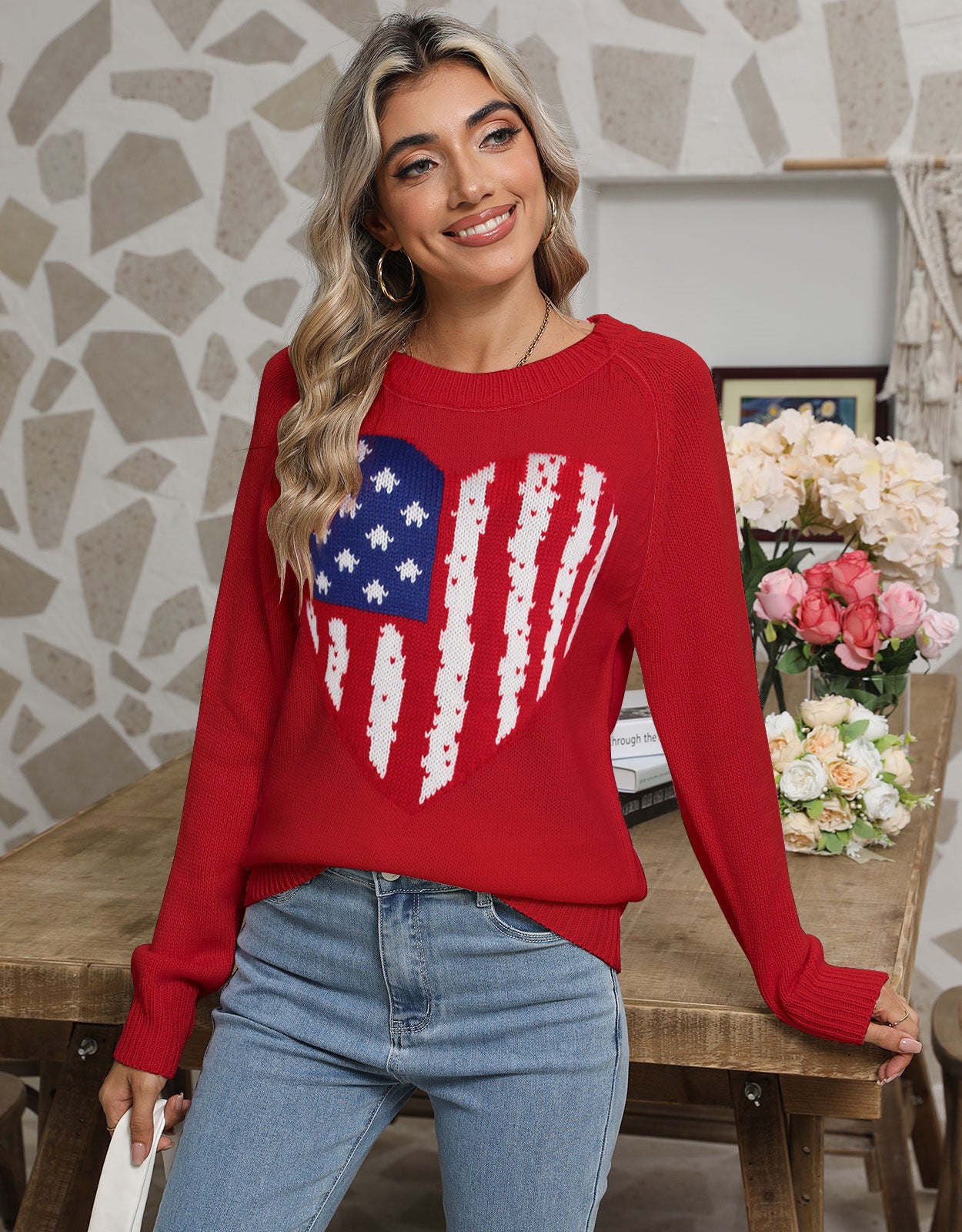 American Flag Love Loose Long Sleeve Round Neck Sweater