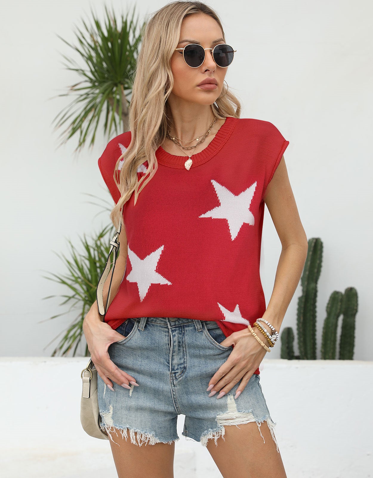American Flag Star Loose Short Sleeve Round Neck Sweater