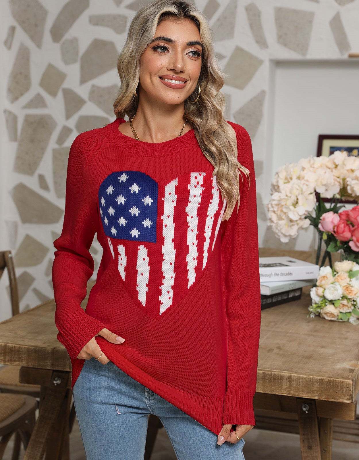 American Flag Love Loose Long Sleeve Round Neck Sweater