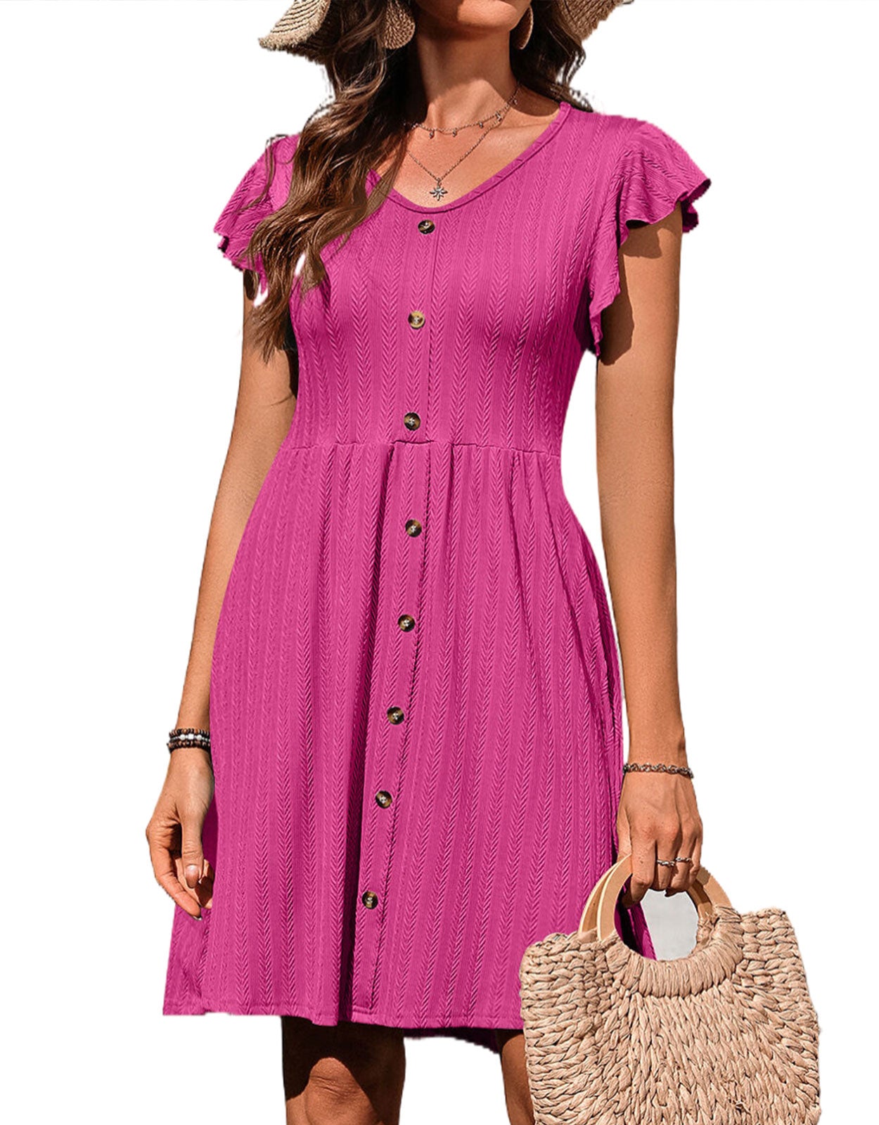 V-neck button knit rattan print short-sleeved dress