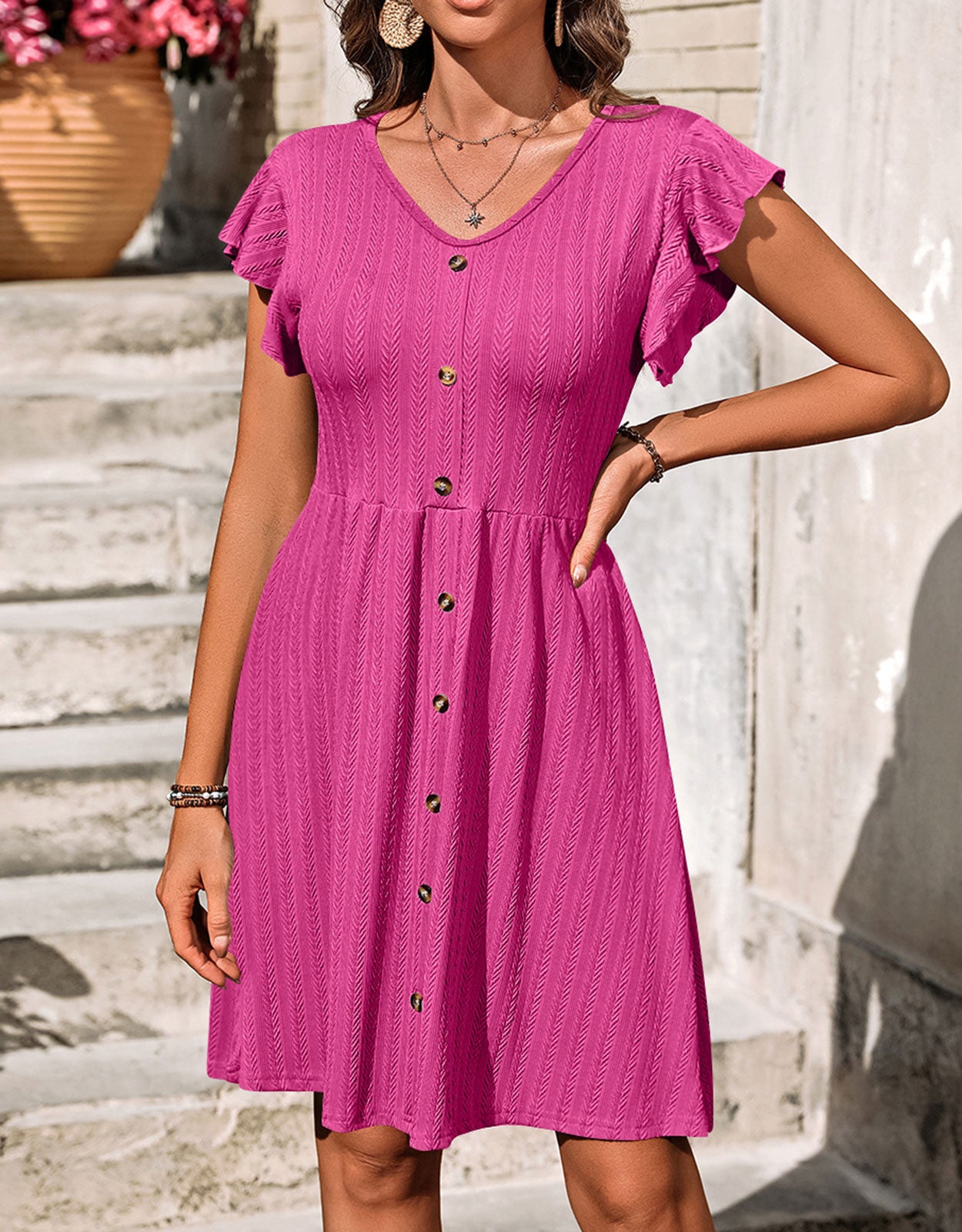 V-neck button knit rattan print short-sleeved dress