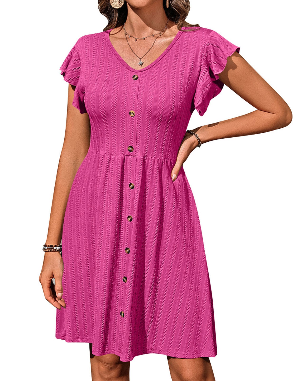 V-neck button knit rattan print short-sleeved dress