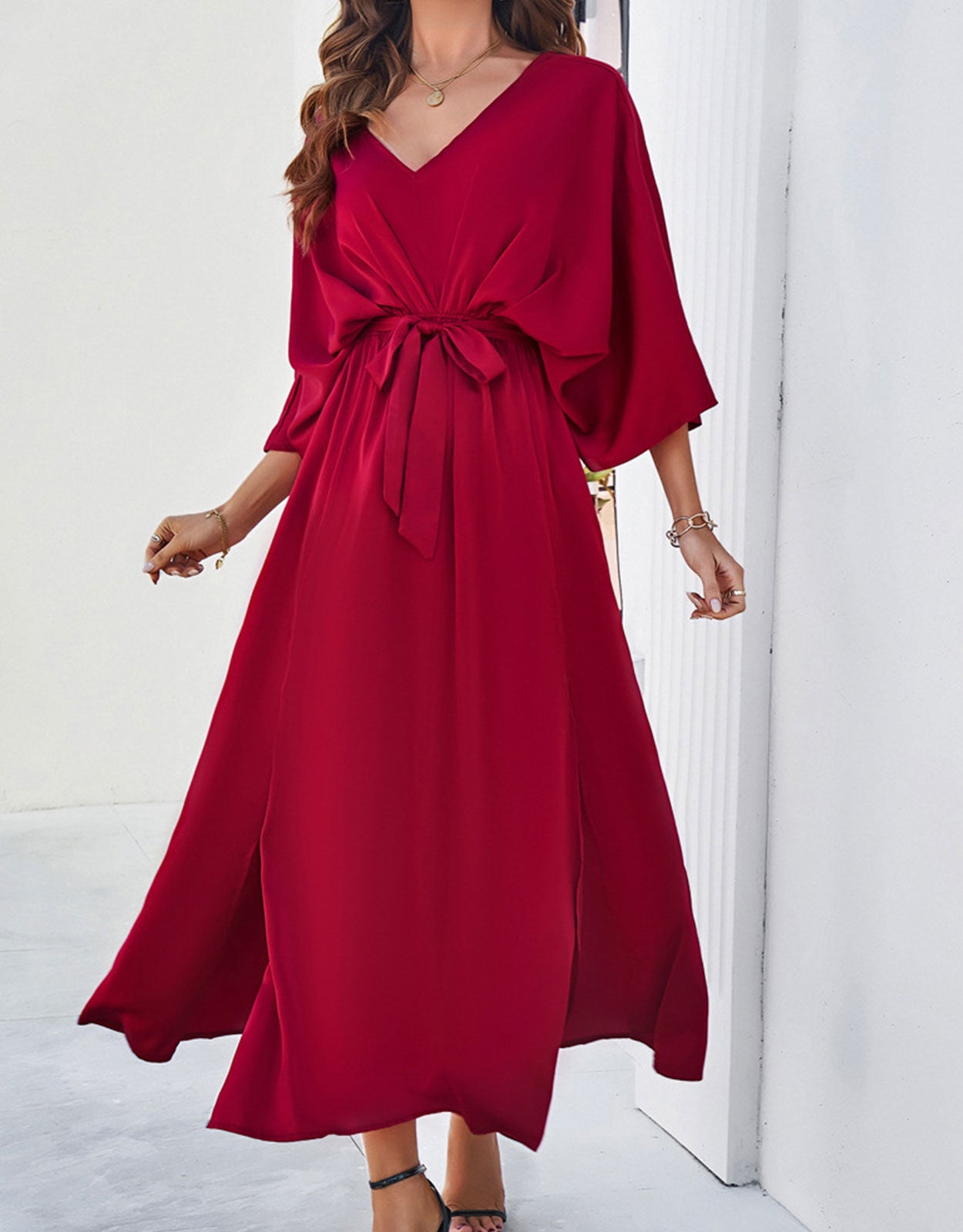 V-Neck Satin High Waist Loose Dress