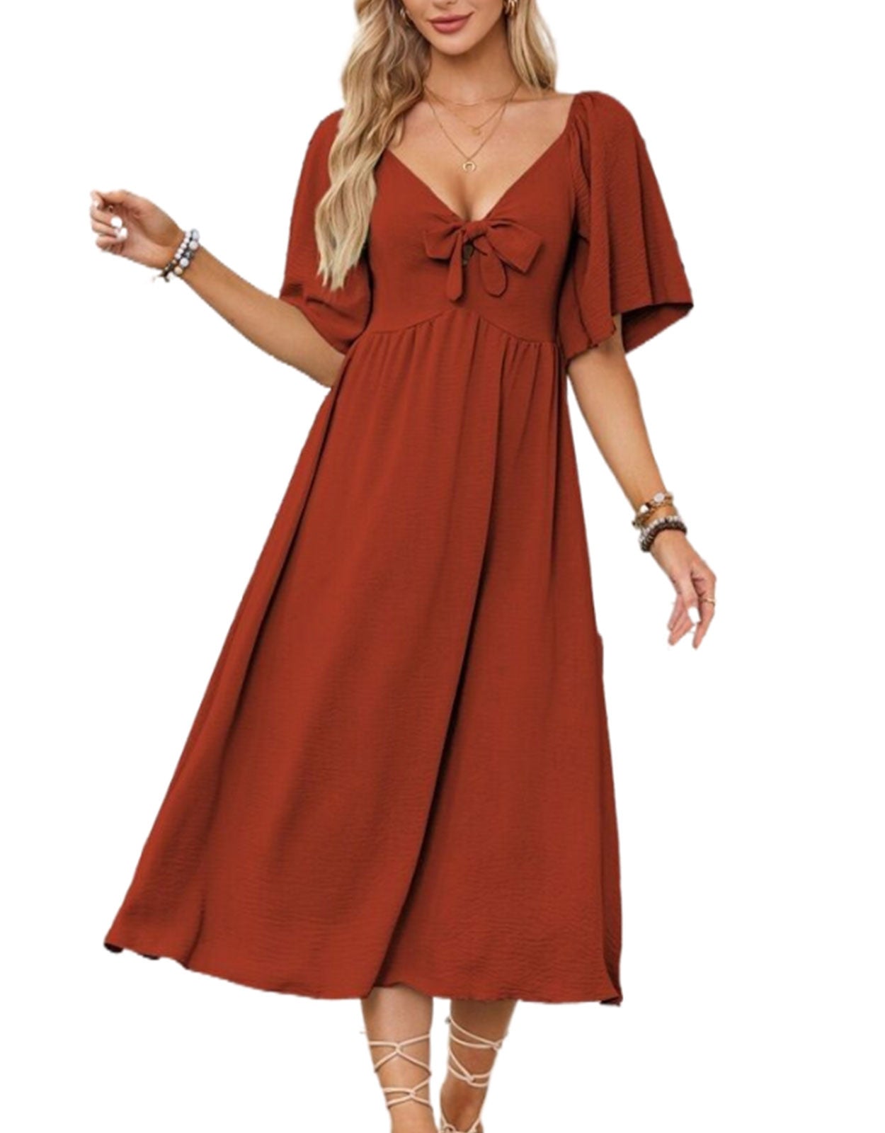 V Neck Ruffle Sleeve Elegant Bow Tie Long Dress