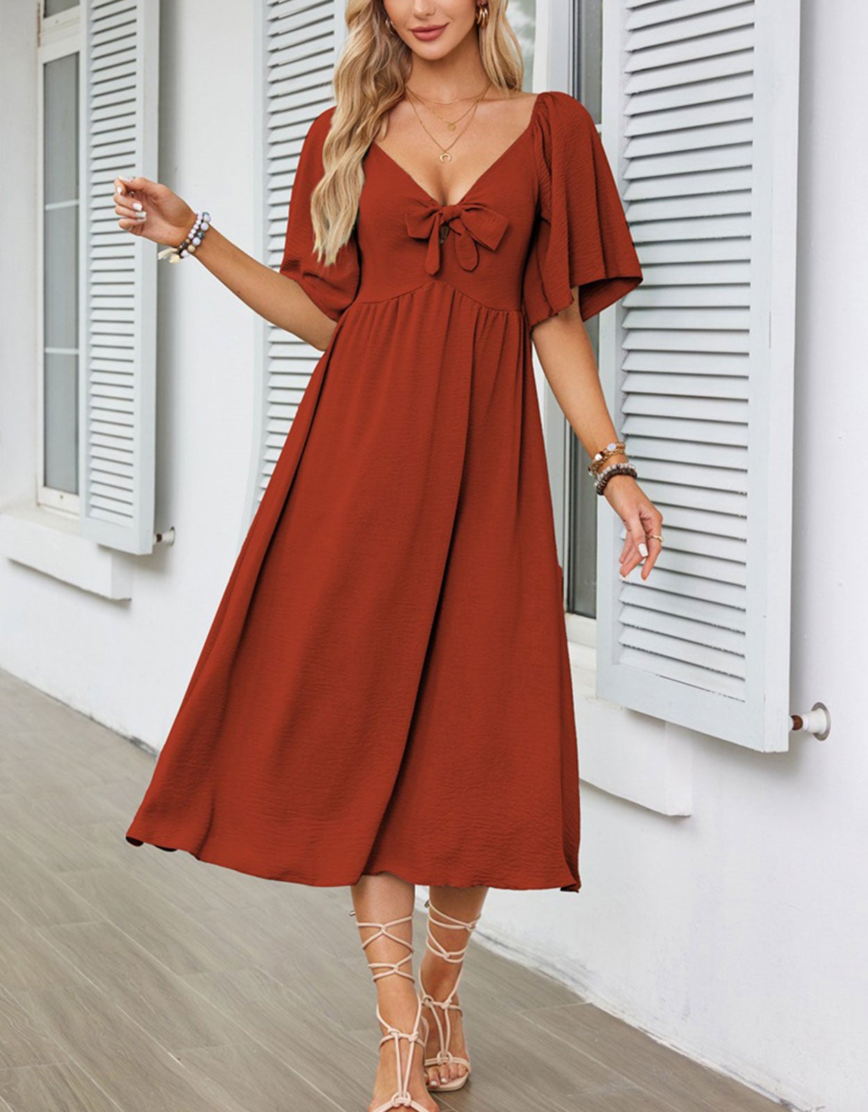 V Neck Ruffle Sleeve Elegant Bow Tie Long Dress