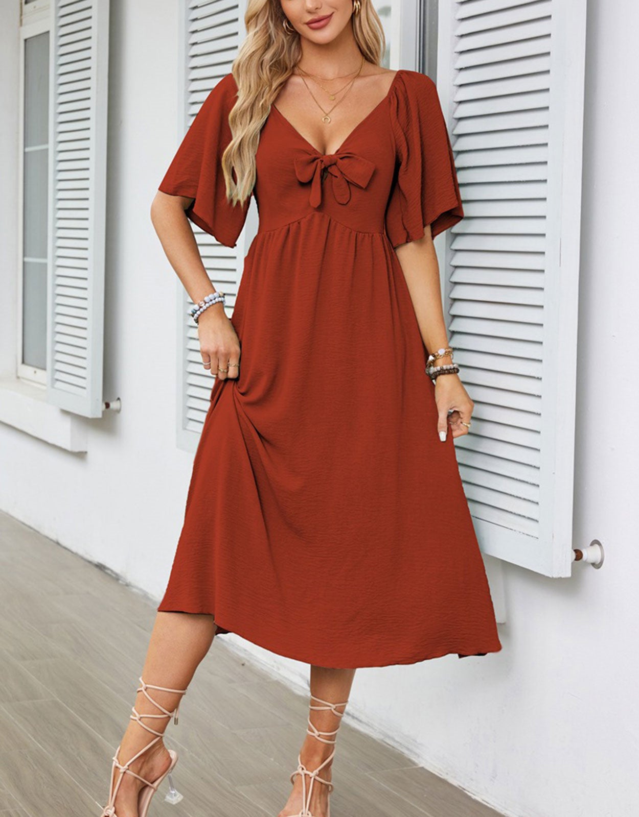 V Neck Ruffle Sleeve Elegant Bow Tie Long Dress