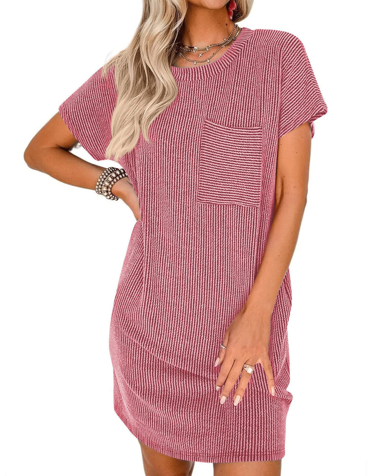 Vertical Stripe Pocket Short Sleeve Mini Dress