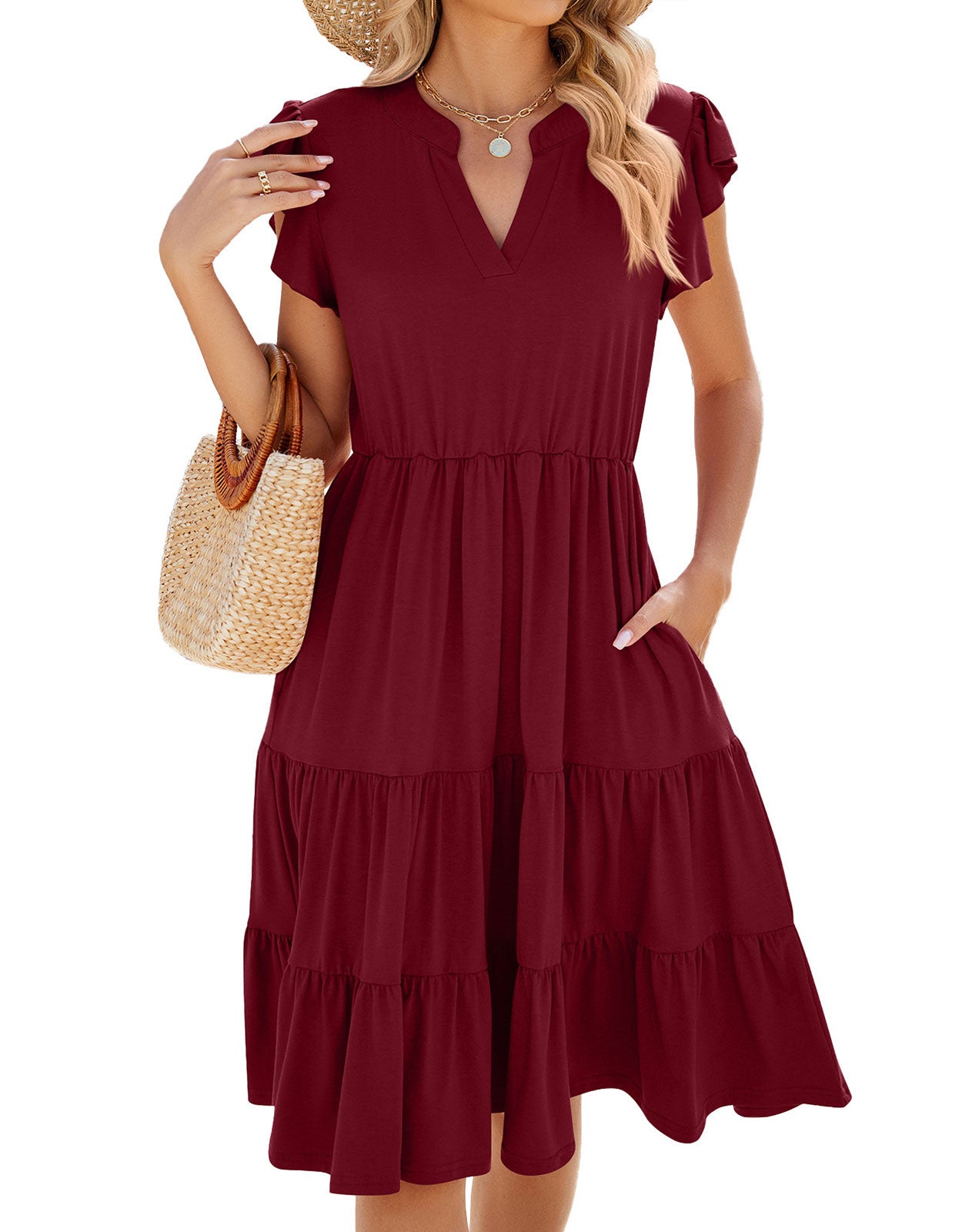 V Neck Ruffled Sleeve Midi Dresses